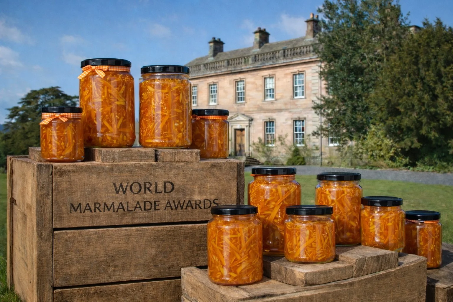 Glass jars of bright orange marmalade with long strips of peel sit on rustic wooden crates labelled “World Marmalade Awards” in the foreground, with Dalemain House, a pink Georgian mansion, visible behind them under a blue sky.