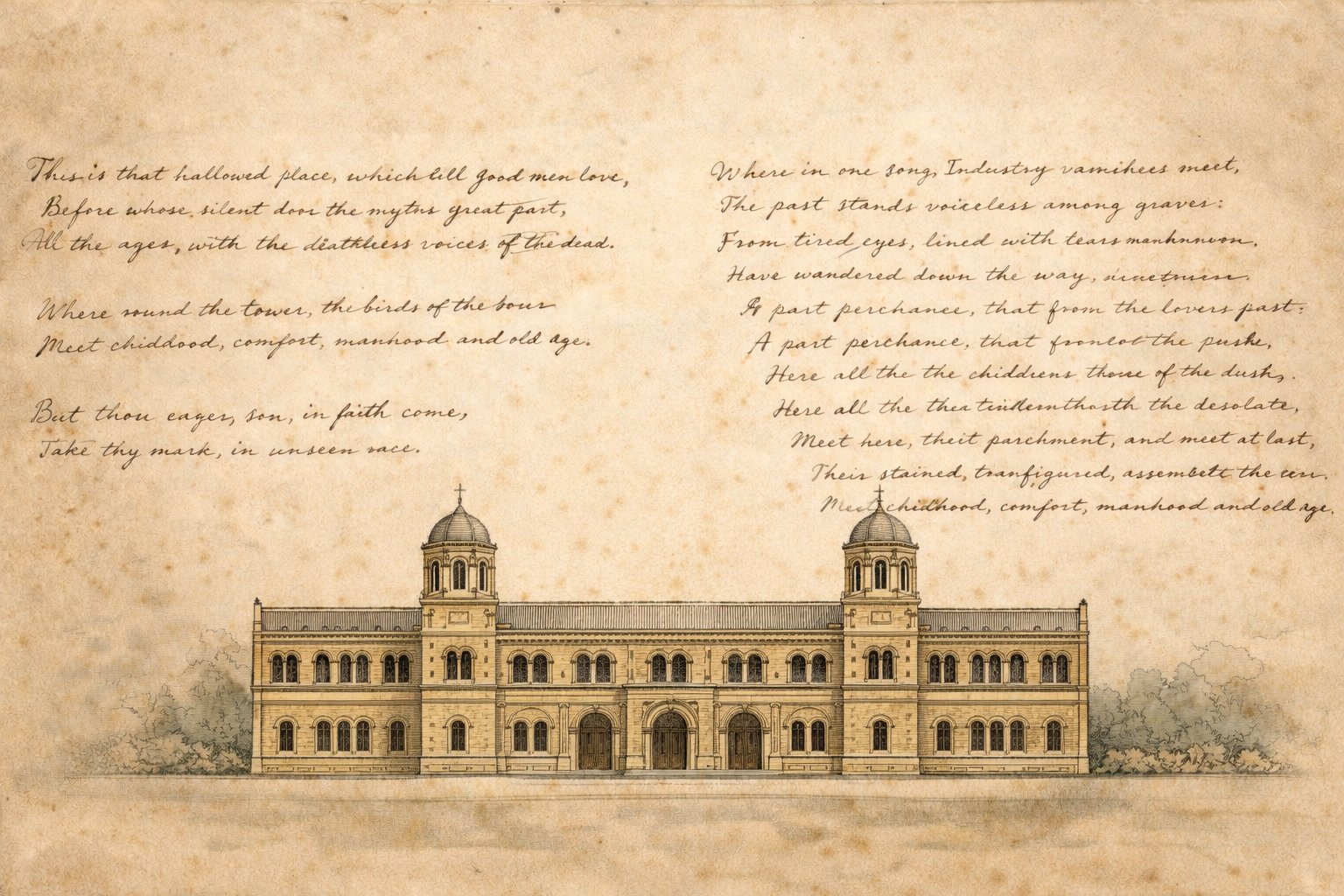 Ink architectural elevation drawing of a late 19th-century Romanesque institutional building on aged paper, with handwritten lines of poetry scattered lightly around the margins.
