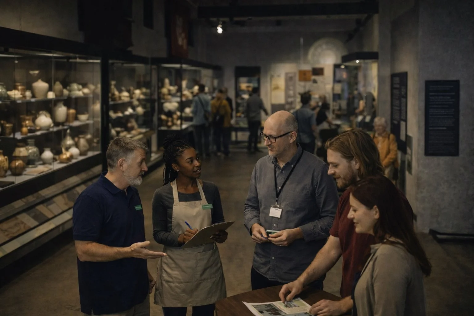 A small group standing in a museum gallery, talking together while one person holds a clipboard.