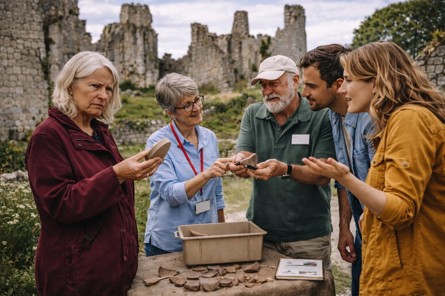 A group of people examining objects together and talking at a historic site.