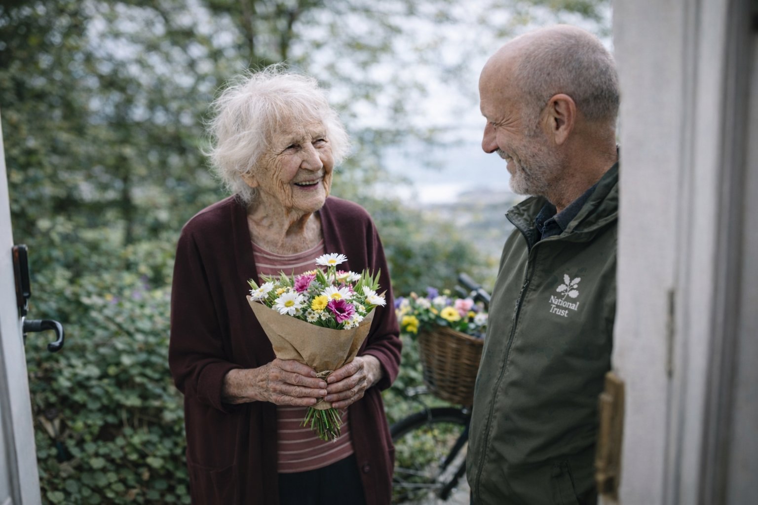 Elderly woman holding a small bouquet of flowers while chatting at her doorway with a National Trust volunteer in a green jacket, with greenery and a bicycle in the background.