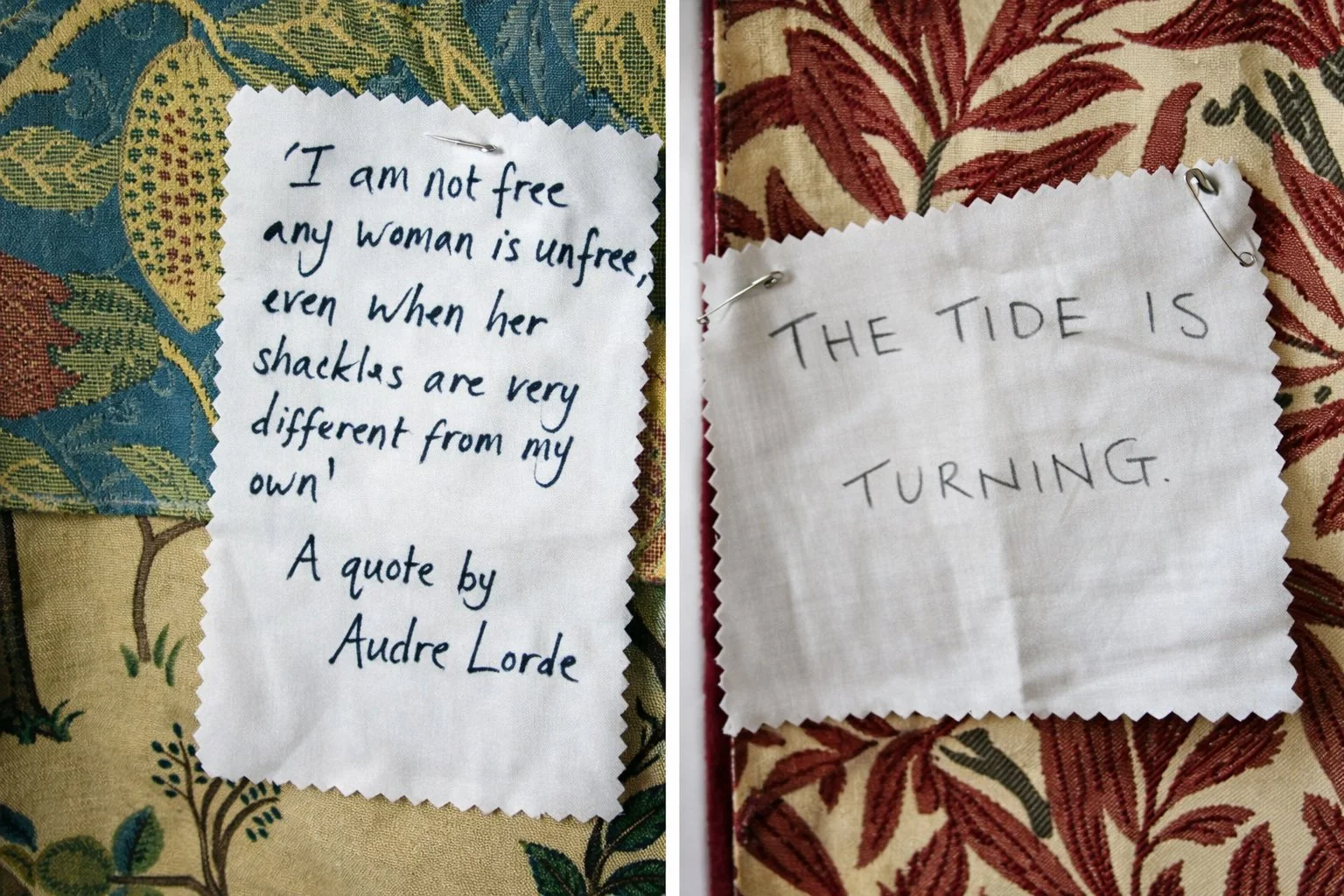 Handwritten quotes pinned onto patterned fabric backgrounds, including a quote attributed to Audre Lorde and the words “The tide is turning.”