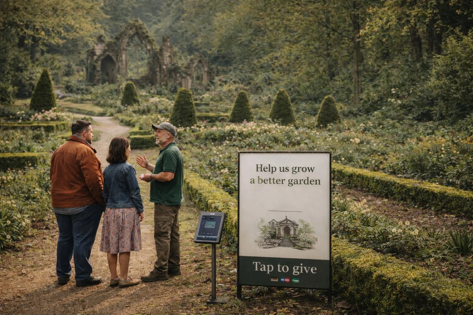 Member of staff talking with two visitors in a formal historic garden beside a fundraising sign and tap-to-give point, with planted beds and gothic ruins visible in the background.