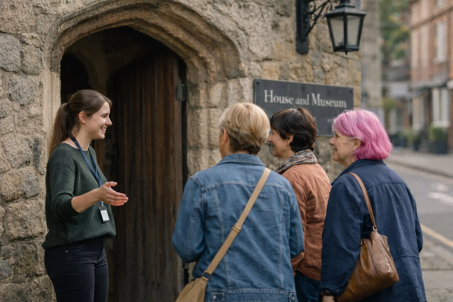 A staff member speaks with a small group of visitors at the arched stone entrance of a historic building, with a discreet sign reading “House and Museum” partially visible beside the doorway.