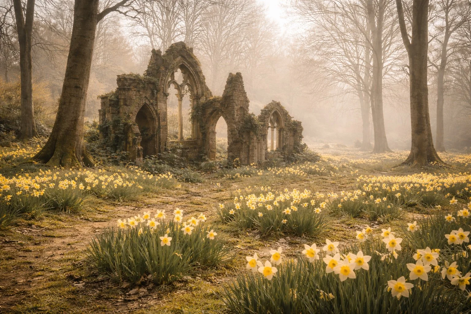 Ancient, partially ruined stone church surrounded by trees and yellow flowers in a foggy forest.