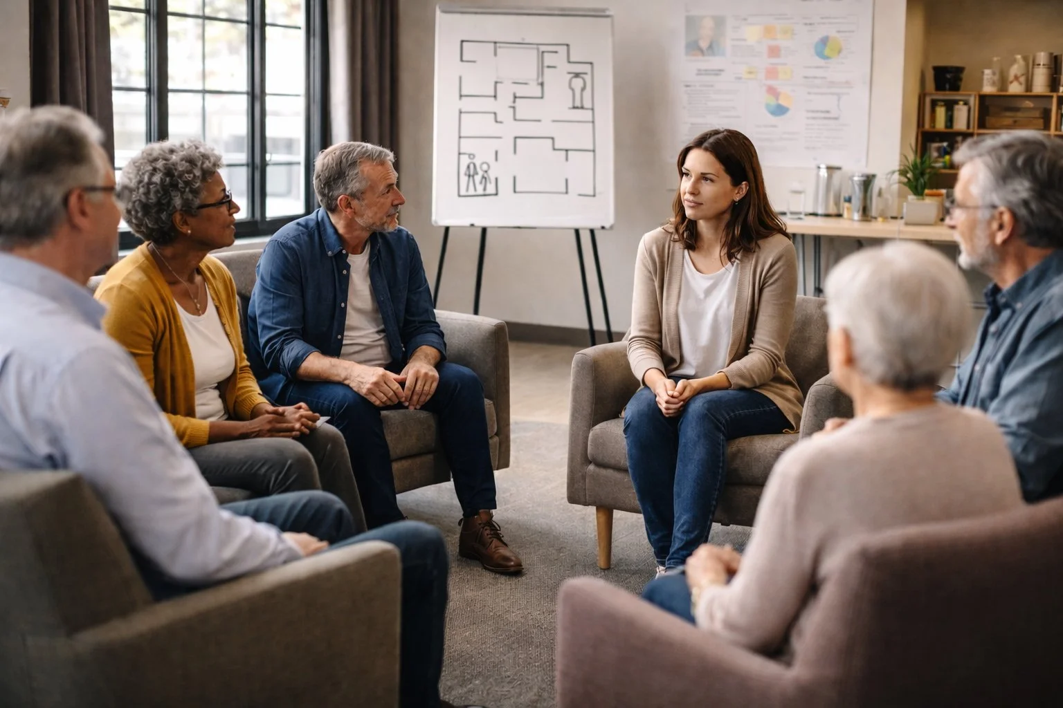 A small group seated in a circle, listening and talking together during a facilitated discussion.