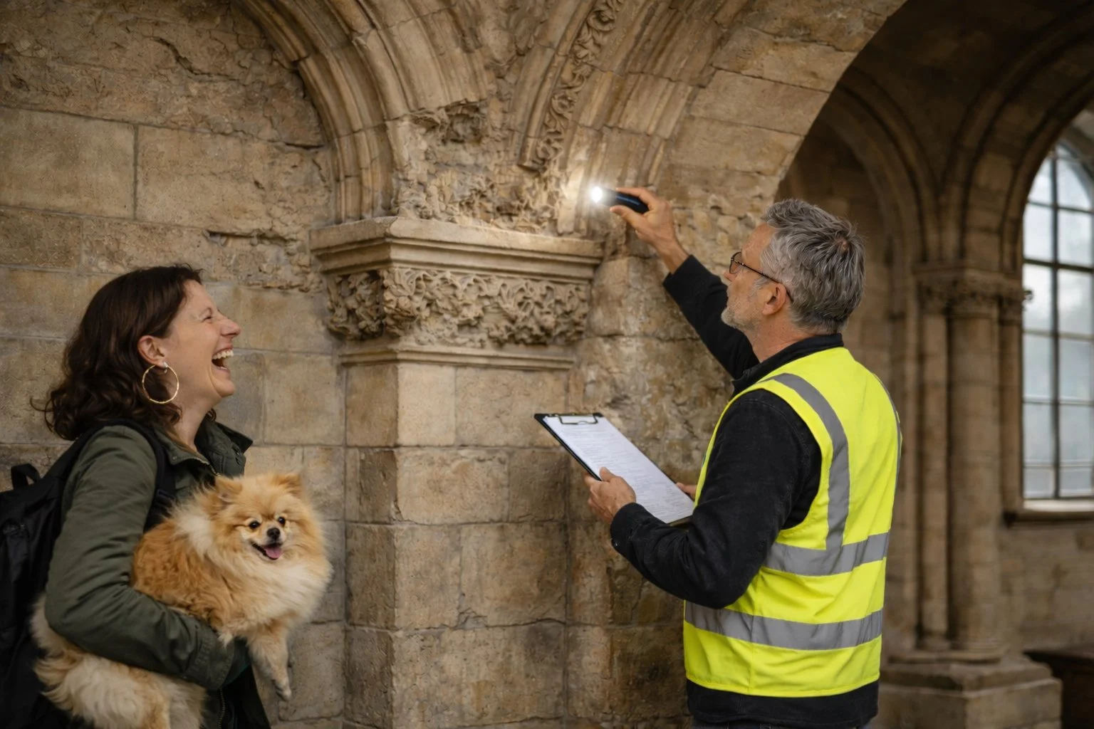 Two staff members inspect deteriorating stonework inside a historic building, examining carved masonry and an arched structure during a condition assessment.