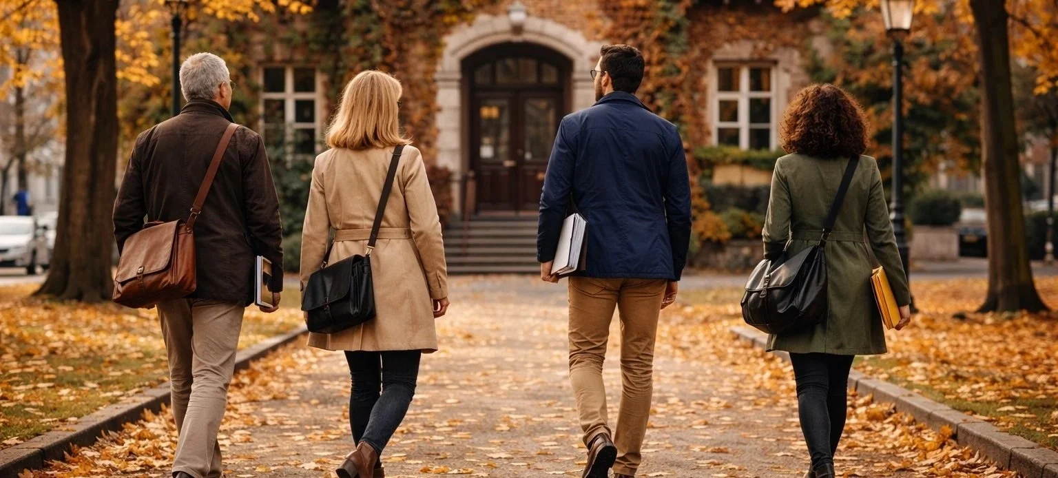 Three people walking along a leaf-covered path toward a historic building, carrying bags and documents.