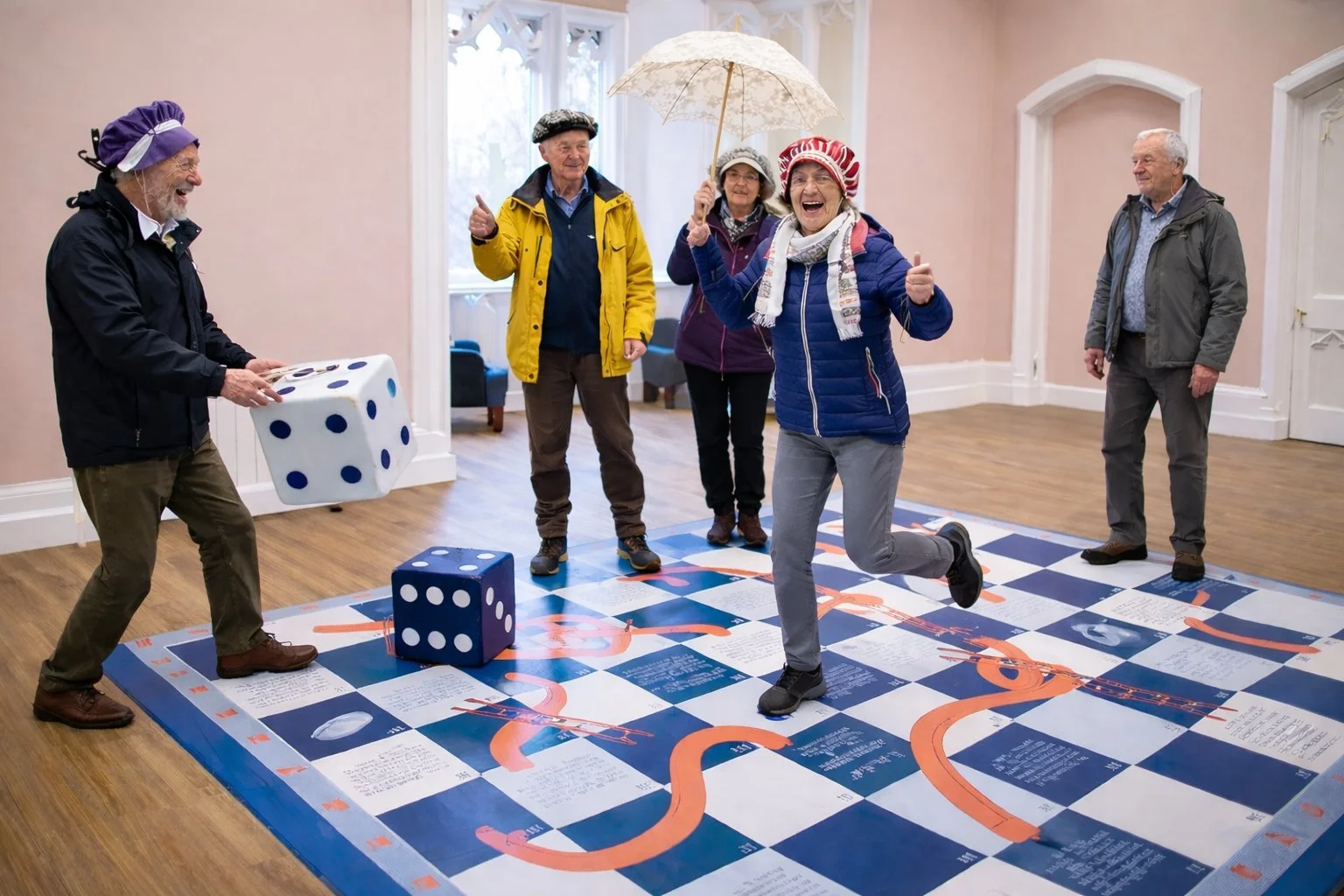Visitors engaging with a large-scale interactive installation inside Wray Castle exploring themes of women’s history.