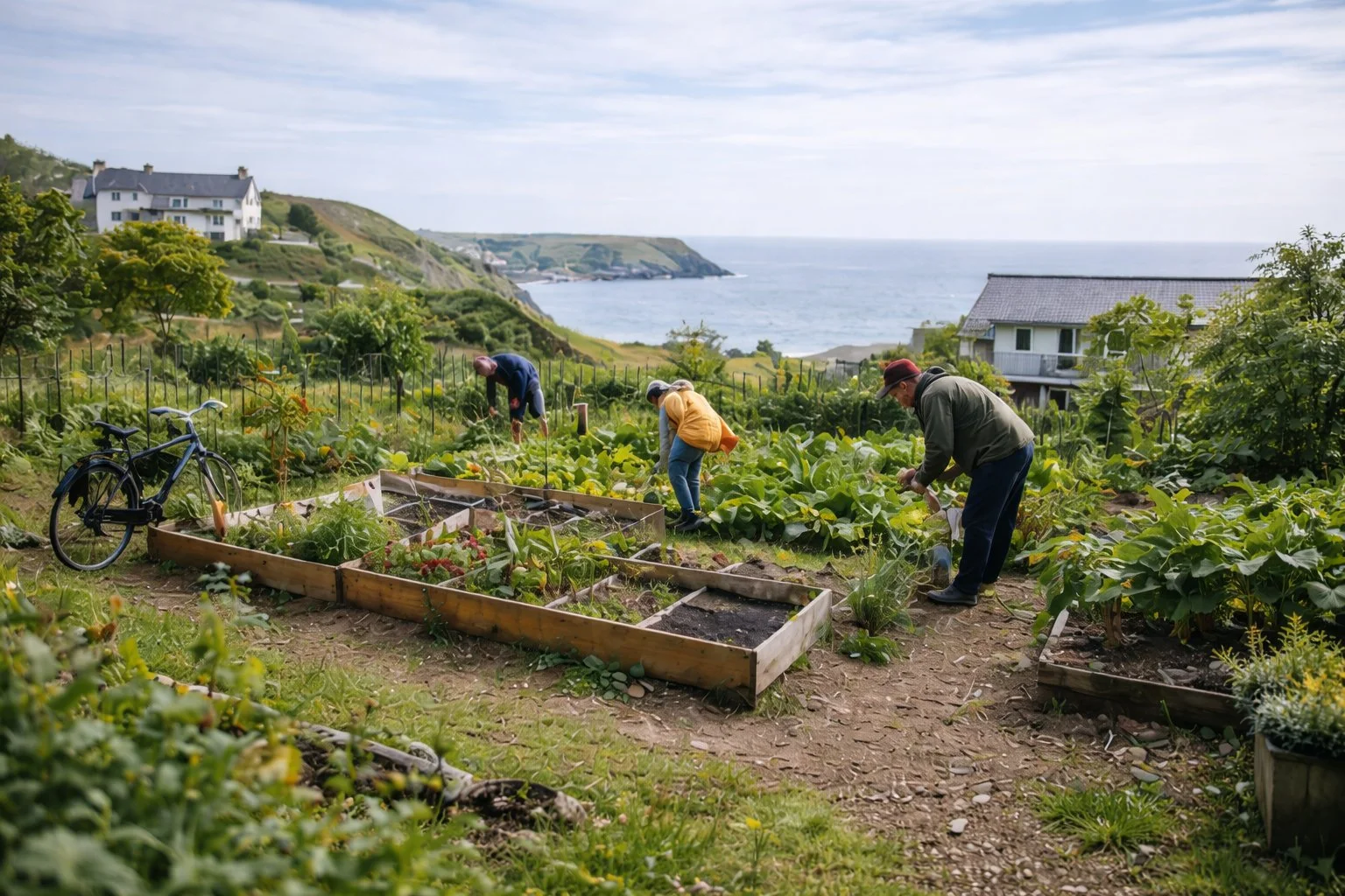 Community allotments near the coast with volunteers gardening and sea visible in the background.