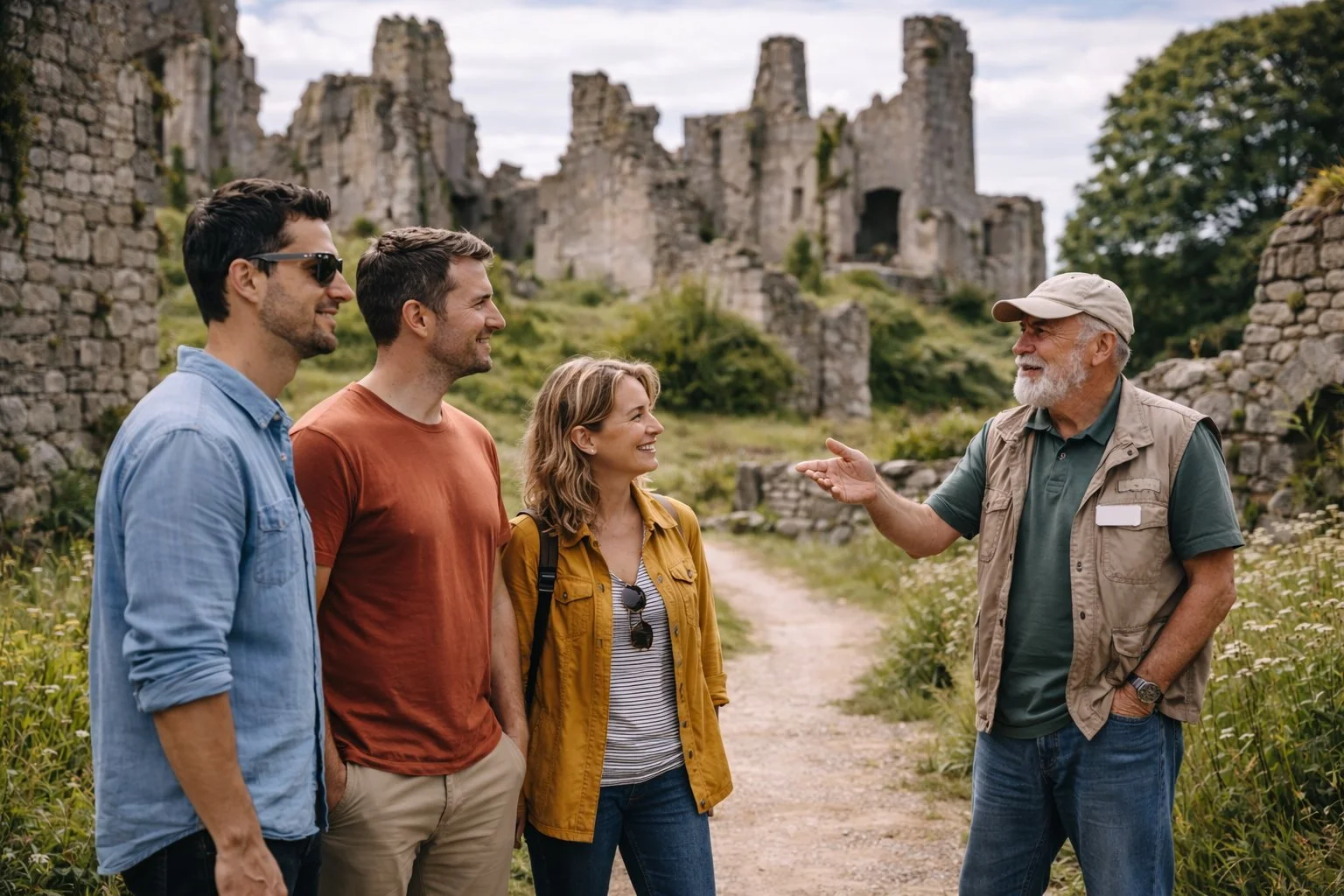 A small group standing among historic ruins, listening as a guide gestures while speaking.