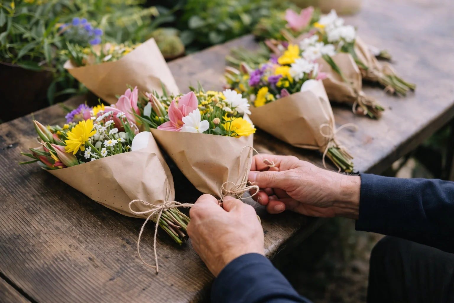Close-up of hands tying twine around simple bouquets wrapped in brown paper on a wooden table, with fresh flowers arranged in natural light.