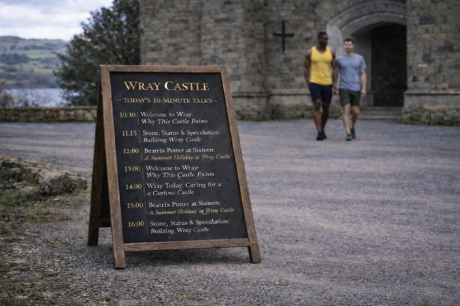 Signboard outside Wray Castle listing scheduled short talks and guided tours.