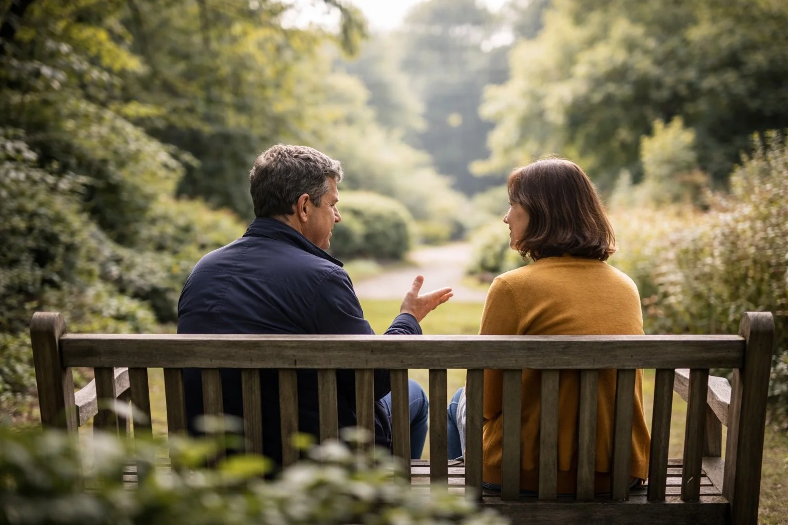 A man and a woman sit on a bench in a quiet green garden setting. We're looking at them from behind. The woman is listening whilst the man explains something and gestures.