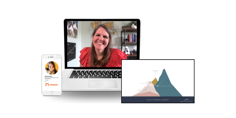 Smiling woman in red top during video call, background includes bookshelf and wall art, with coaching material and mobile devices in overlay.