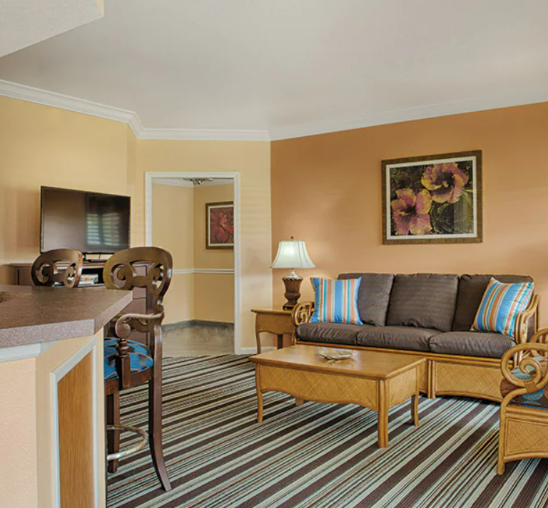 Living room with a couch, striped carpet, side table with a lamp, wall art, and a television.
