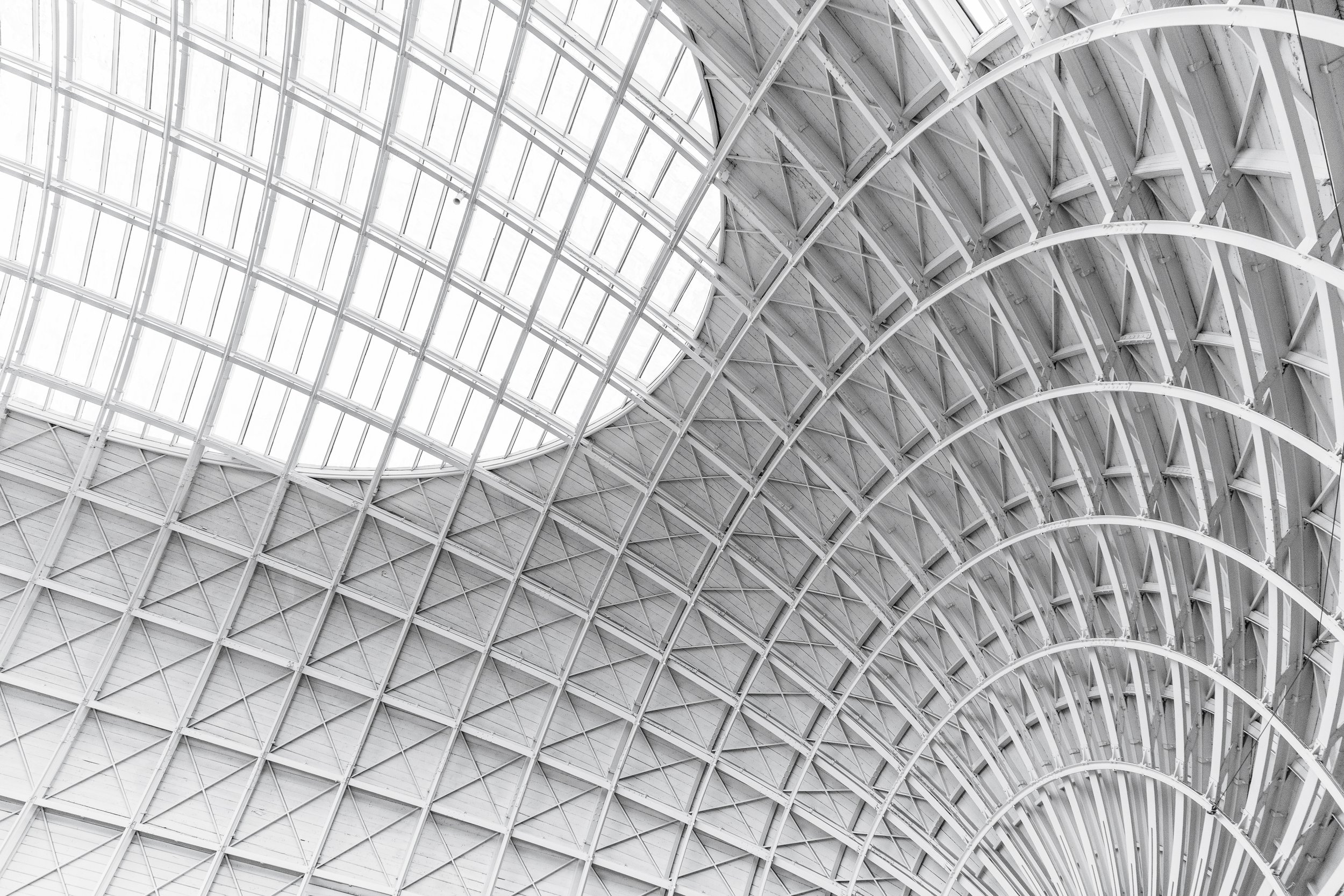 Black and white architectural photograph of a curved glass and steel ceiling with repeating lines and soft light.