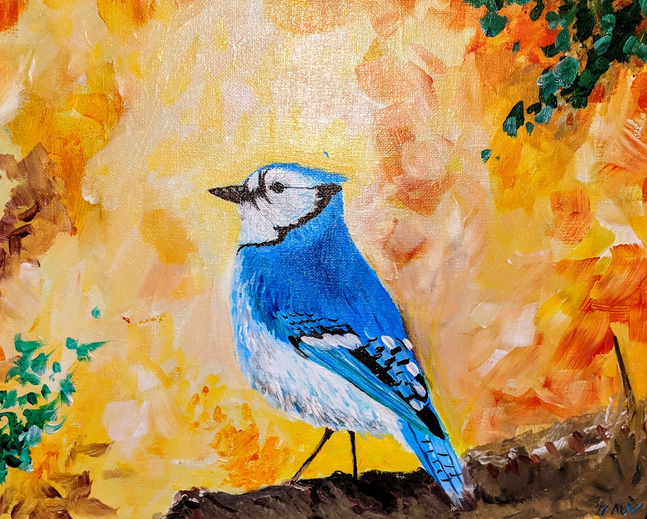 Impressionist style painting of a cobalt blue bird with black and white features sitting on a tree branch on a yellow background