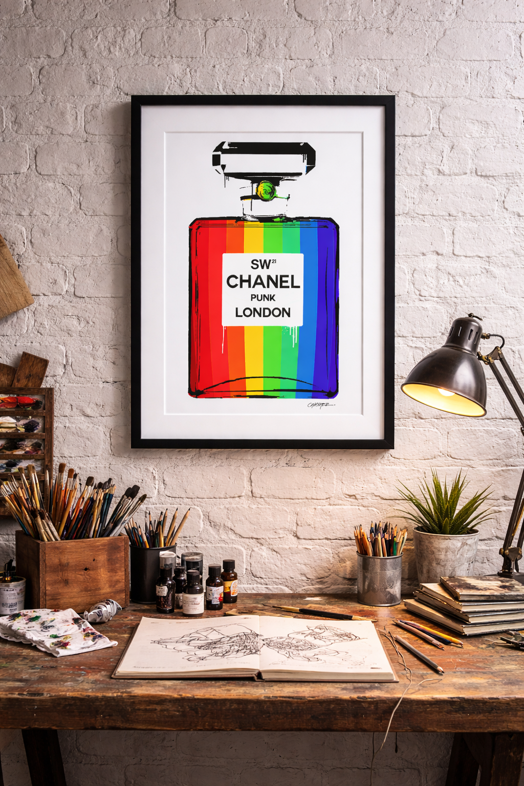 Rainbow Chanel in black frame on wall.png