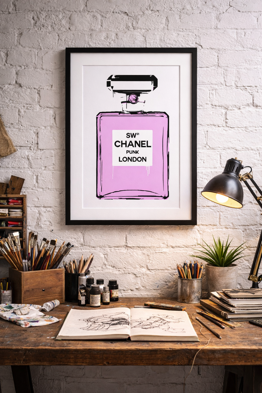 Pink hanel in black frame on studio wall.png