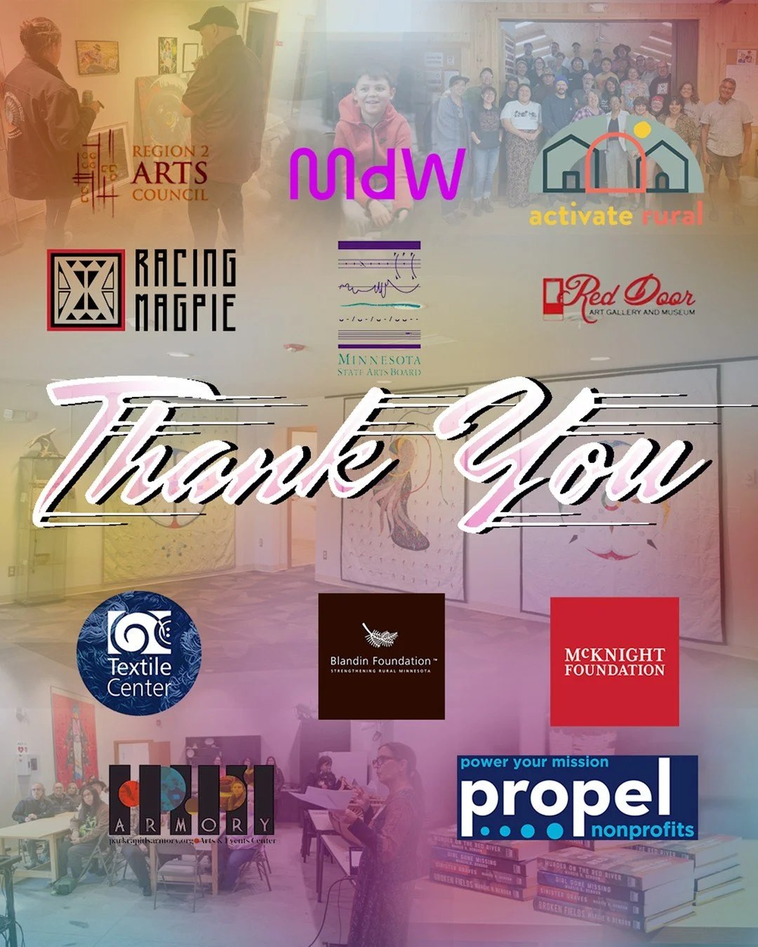 Welcome to 2026!

Thank you to everyone who helped to make 2025 the success it was the arts in our community.

Because of these organizations we were able to bring vibrancy to our community in 2025:
	Mdw
	Racing Magpie
	Red Door Gallery
	Region 2 Art