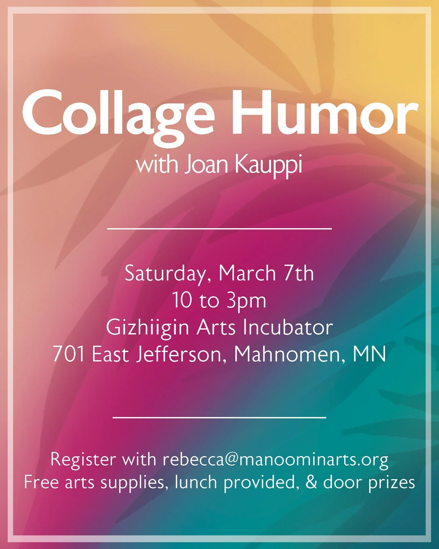 We have limited spots available for both of our workshops this weekend.  Join us Saturday, March 7th from 10 to 3pm for Collage Humor with Joan Kauppi.

We also have a few spots available for Joseph Allen&rsquo;s Cyanotype workshop on Sunday March 8t