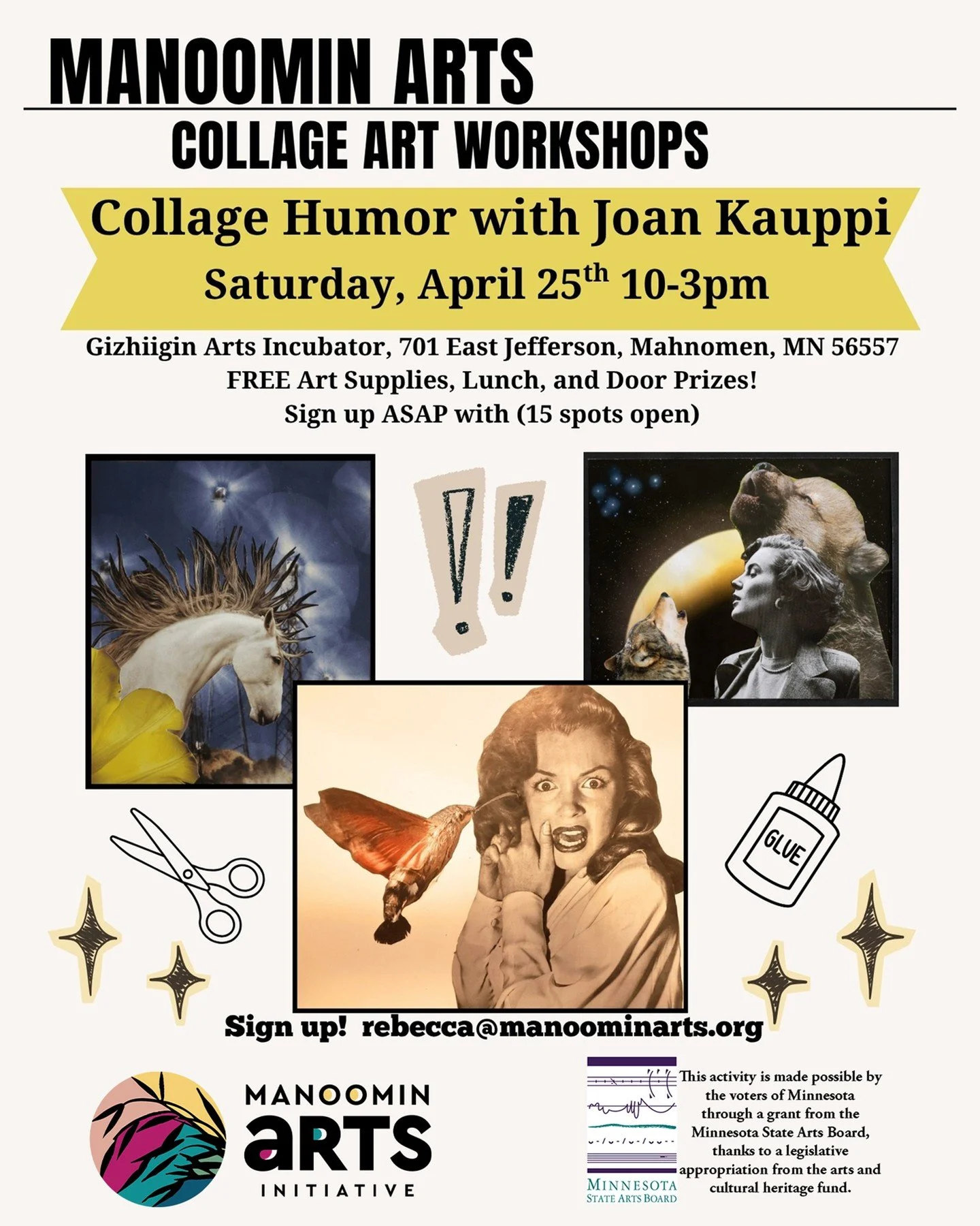 Come play with design and humor as you learn techniques to create layered collage.

What is collage? Making Collages is the arranging and adhering  of diverse materials&mdash;such as magazine clippings, fabric, photographs, and found objects&mdash;on