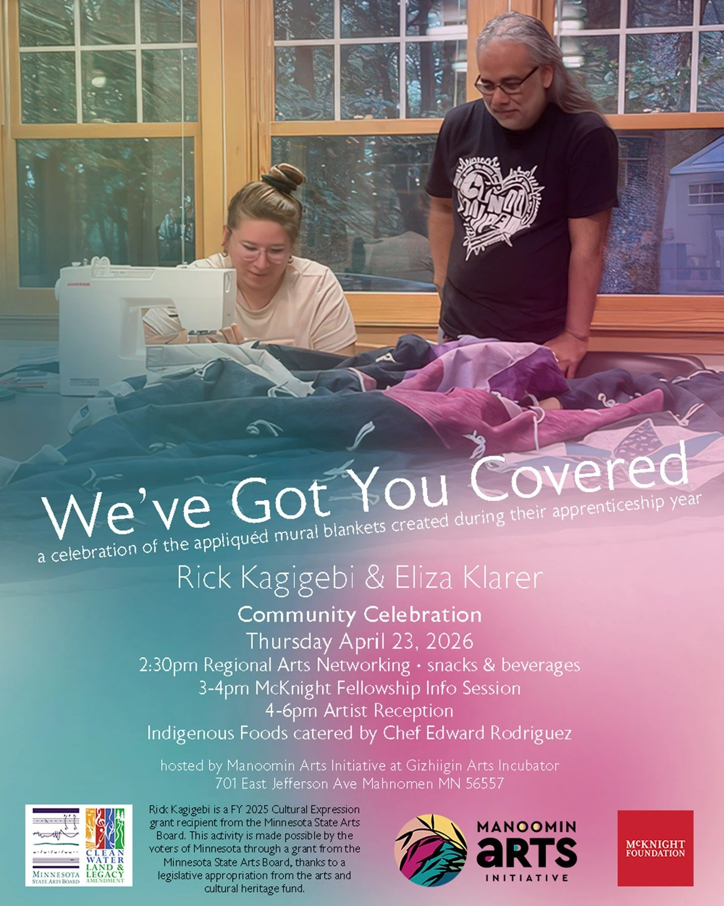 Thursday we are excited to be hosting the opening for We&rsquo;ve Got You Covered, a celebration of the appliqu&eacute;d mural blankets created during the apprenticeship year of Eliza Klarer with Rick Kagigebi.

Activities will begin at 2:30 with Reg