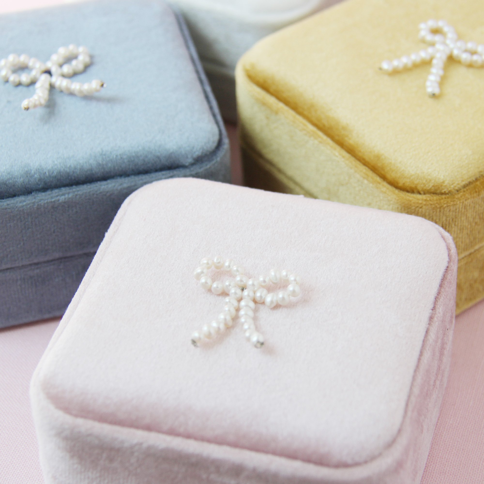 Velvet Ring & Earring Jewellery Boxes with pearl bow in pink, blue, mustard and white