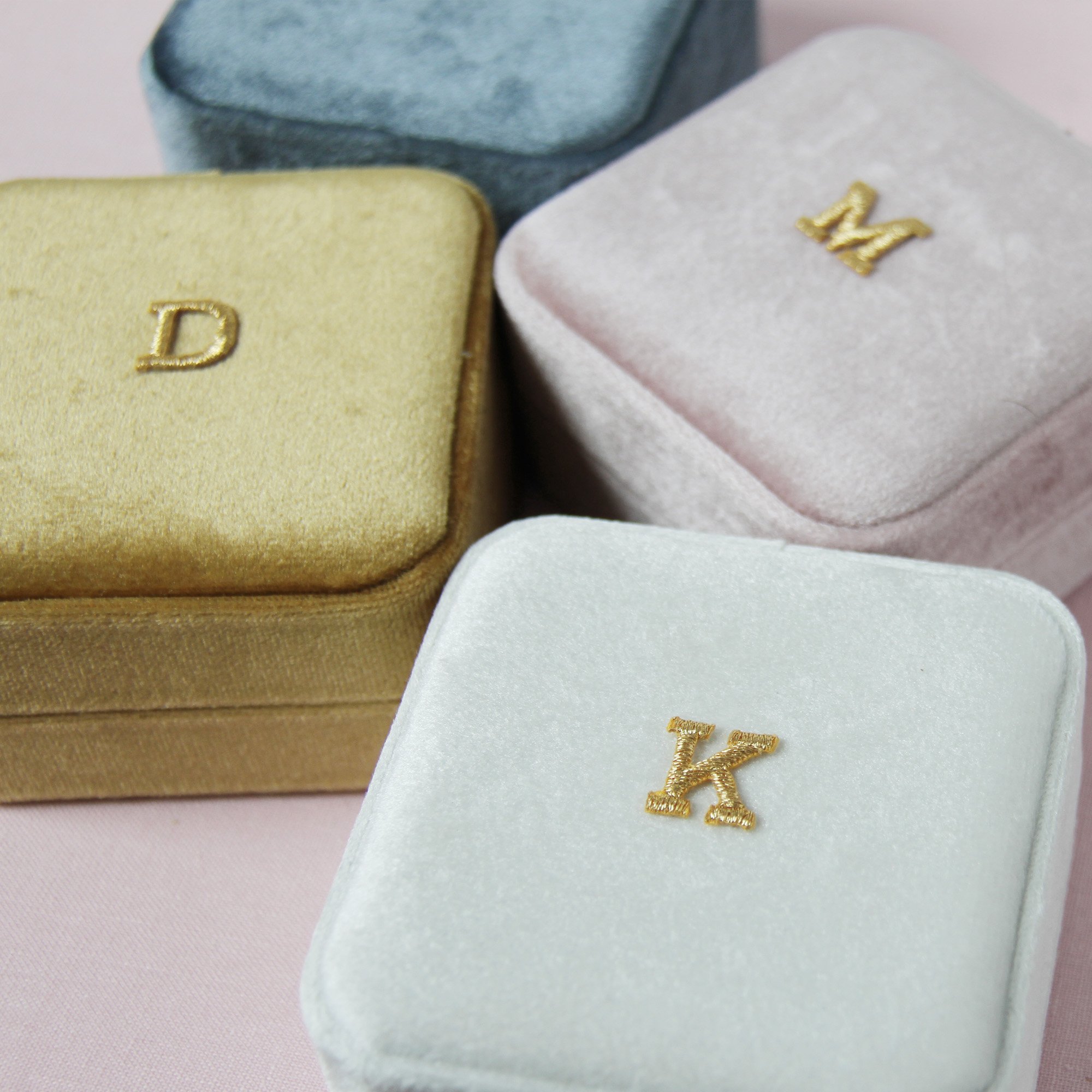 Monogrammed Velvet Ring & Earring Jewellery Boxes in blue, pink, mustard and white