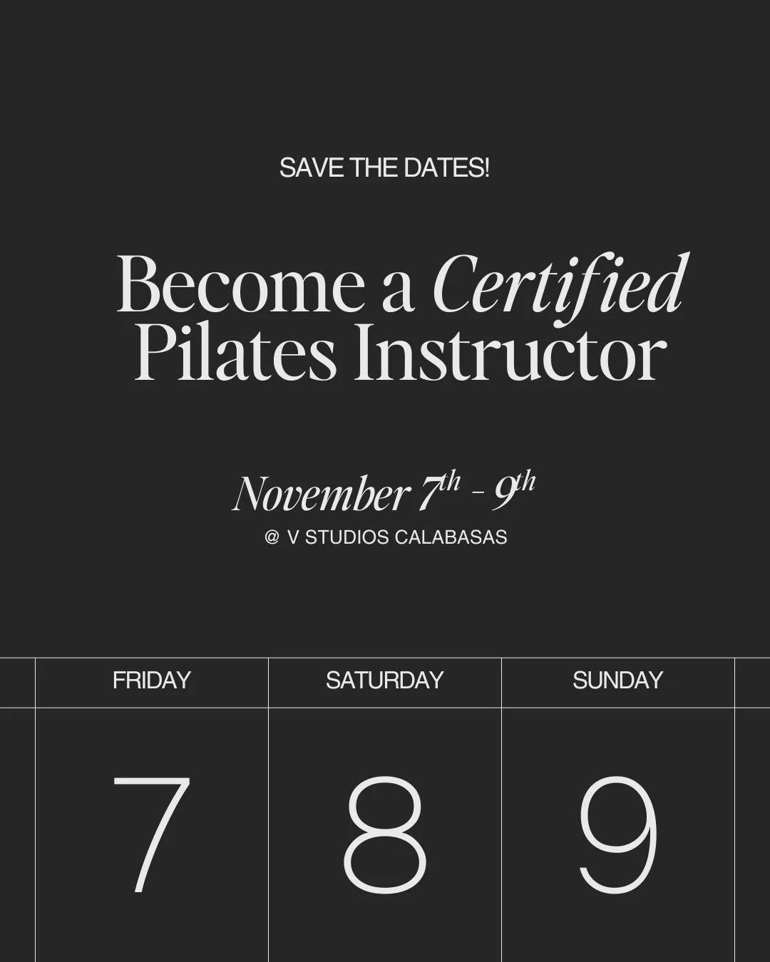 Reminder: Our next Instructor Training is happening November 7th&ndash;9th.

Get certified, gain hands-on experience, and start your journey as a Pilates pro!

Email info@vstudioscalabasas.com to register.