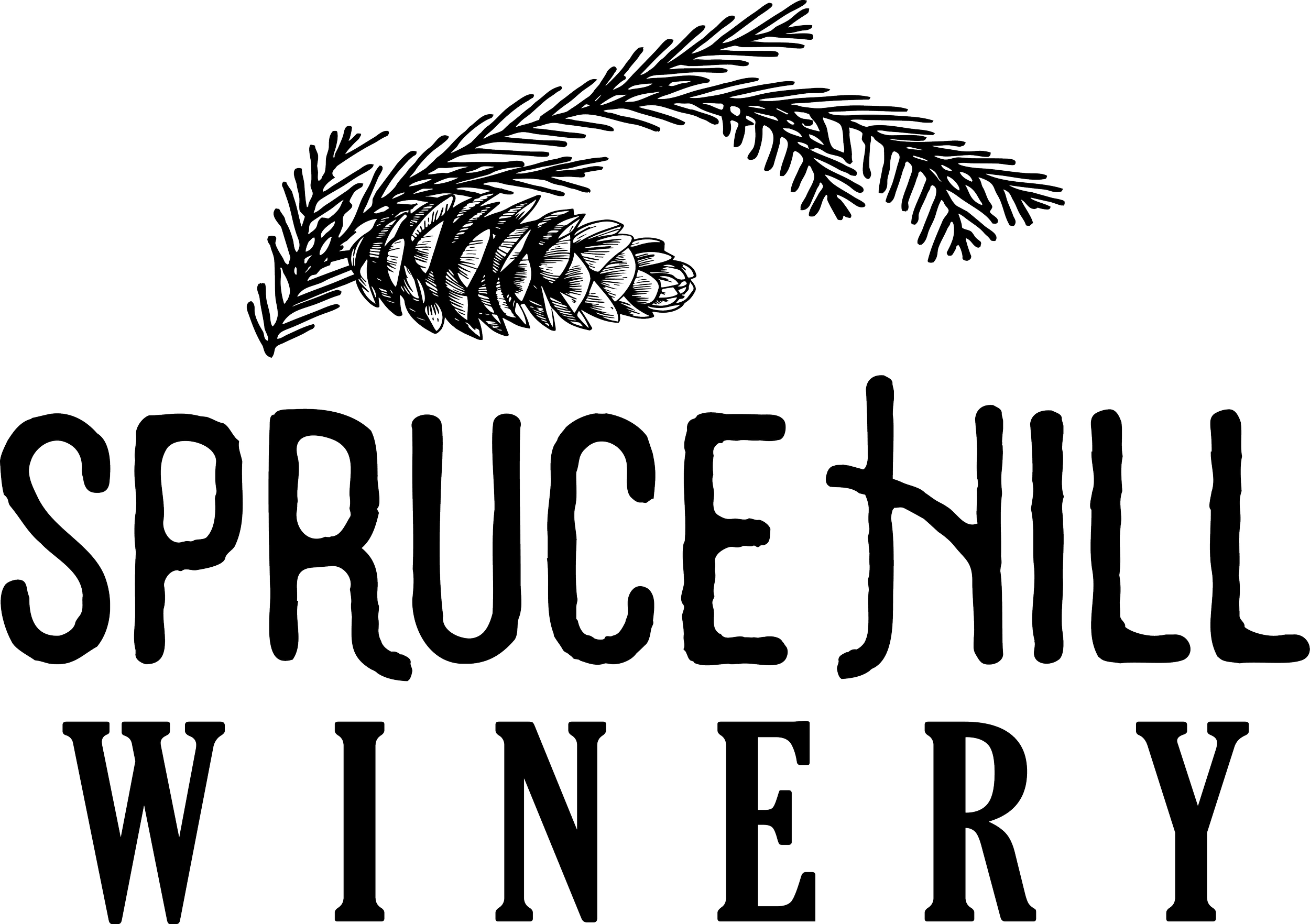 Logo of Spruce Hill Winery featuring a pine branch and cone illustration.