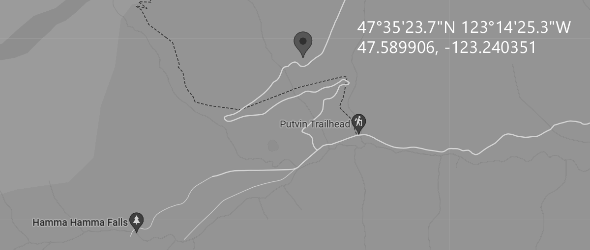 Map showing the locations of Hamma Hamma Falls and Putvin Trailhead with pathway markings and coordinates 47°35'23.7"N 123°14'25.3"W displayed.