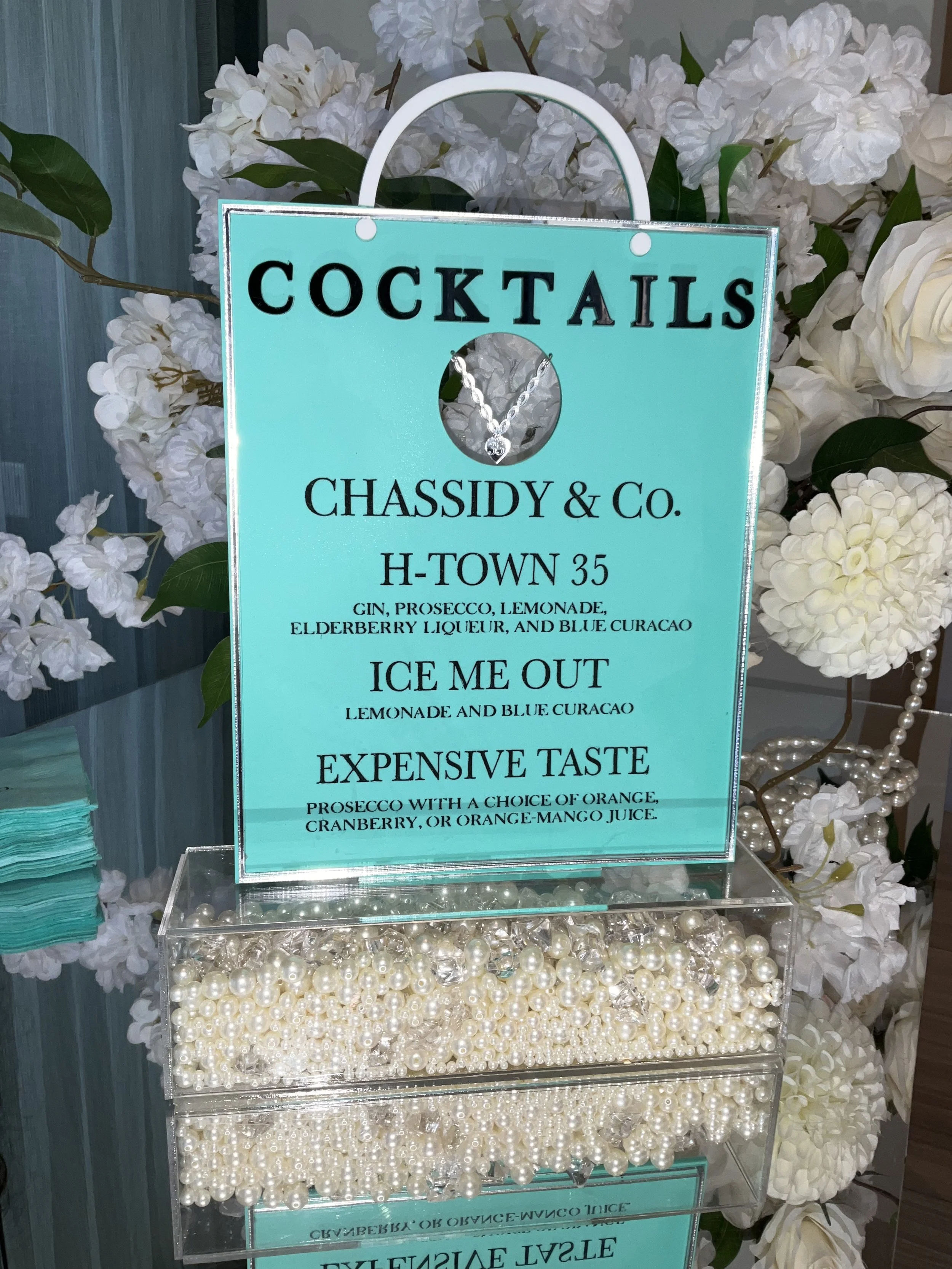 Tiffany & Co themed bar menu. Acrylic signage by The Sereal Experience.