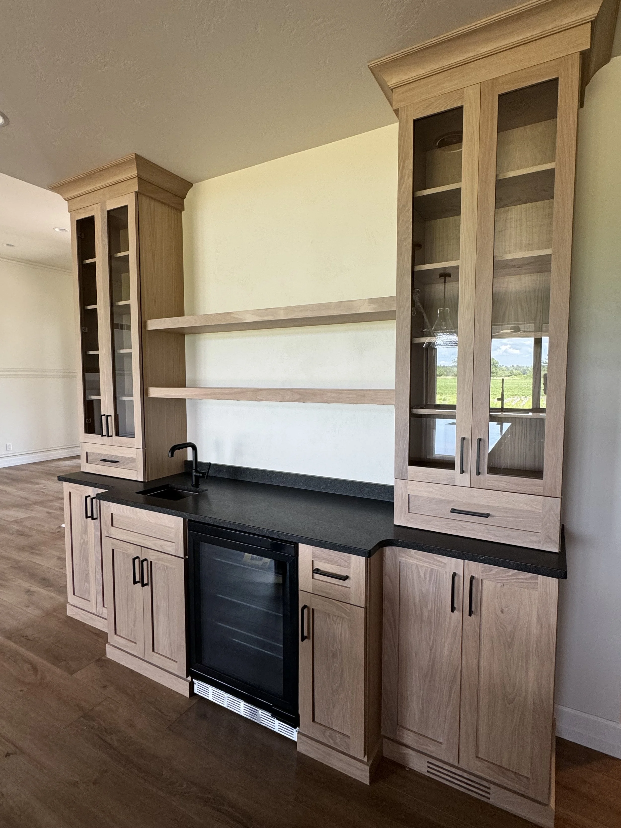 Wooden kitchen cabinets with floating shelves