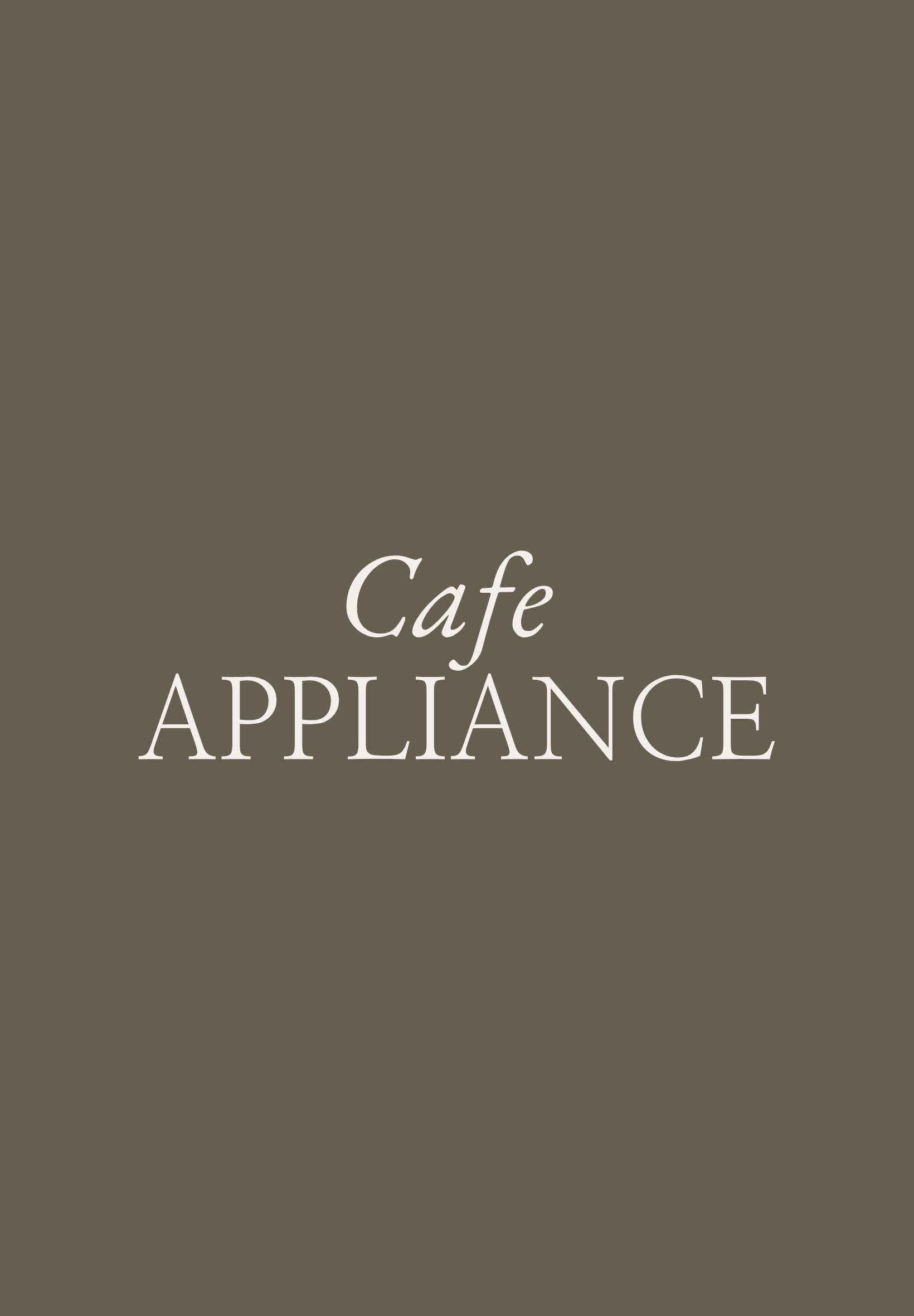 The words 'Cafe' in white script and 'APPLIANCE' in white capital letters for kitchen renovation designer Orange County
