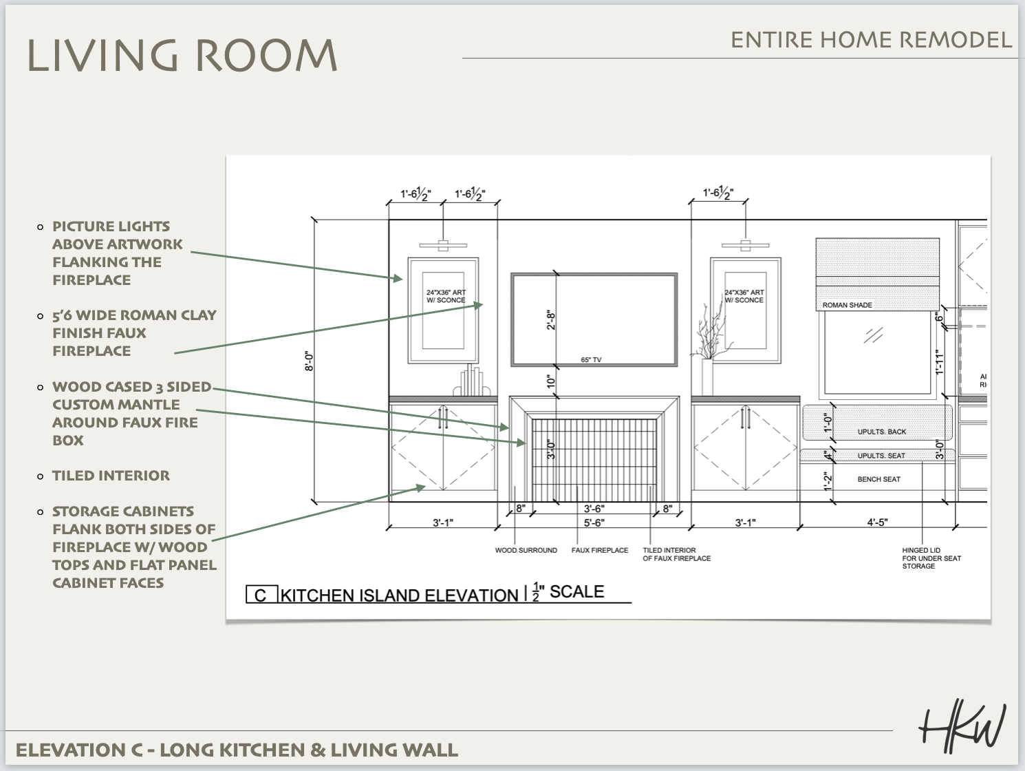 Architectural drawing of a living room interior with notes on fireplace, TV, storage cabinets, and lighting shows the plans behind home staging Long Beach