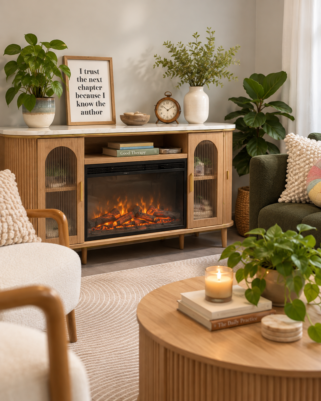 Living room with a fireplace, green couches, potted plants, a candle, and decorative items on a wooden table.