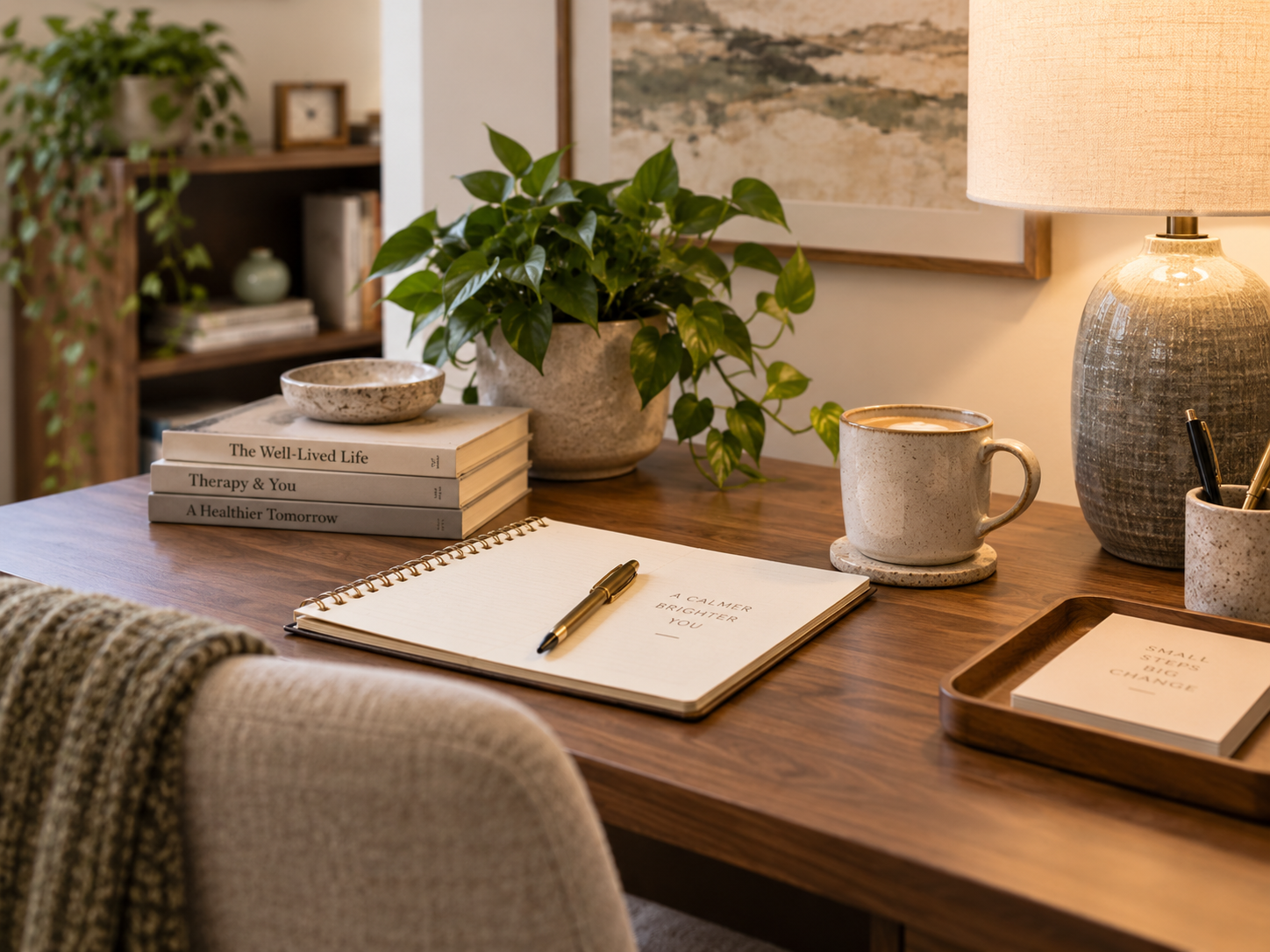 A cozy wooden desk with a potted green plant, a stack of books, a ceramic coffee mug on a coaster, a notebook with a pen, and a table lamp, with a framed landscape picture on the wall above and a bookshelf in the background.