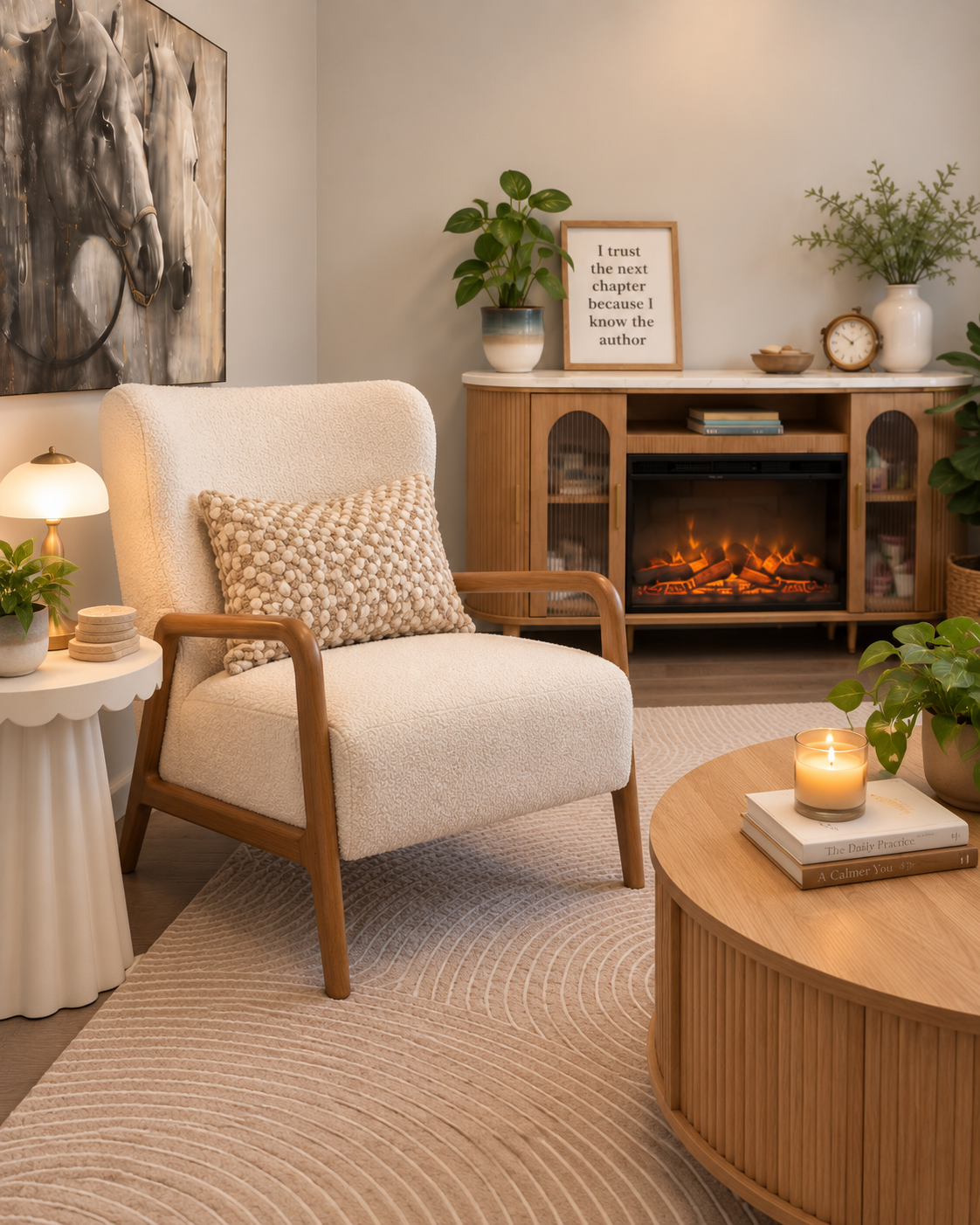 COZY WHITE CHAIR WITH FIRE PLACE AND HORSE PHOTOGRAPH