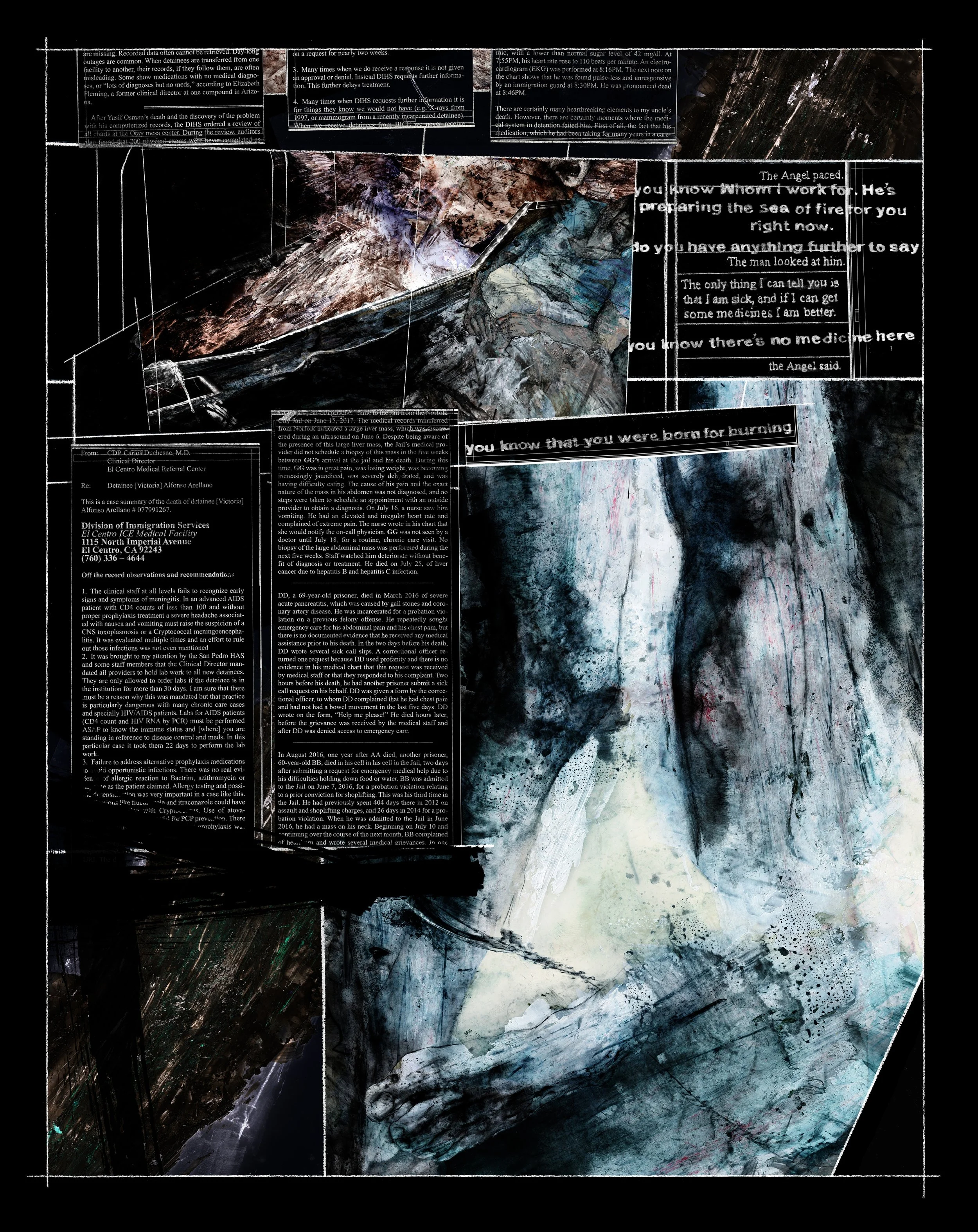 Alt Text: Full image view. Collage, ink and graphite broadsheet in blues, whites and browns on black background. Two drawn areas are present, one in upper third of image, the other roughly taking up its bottom right quarter. Small, white columns of t