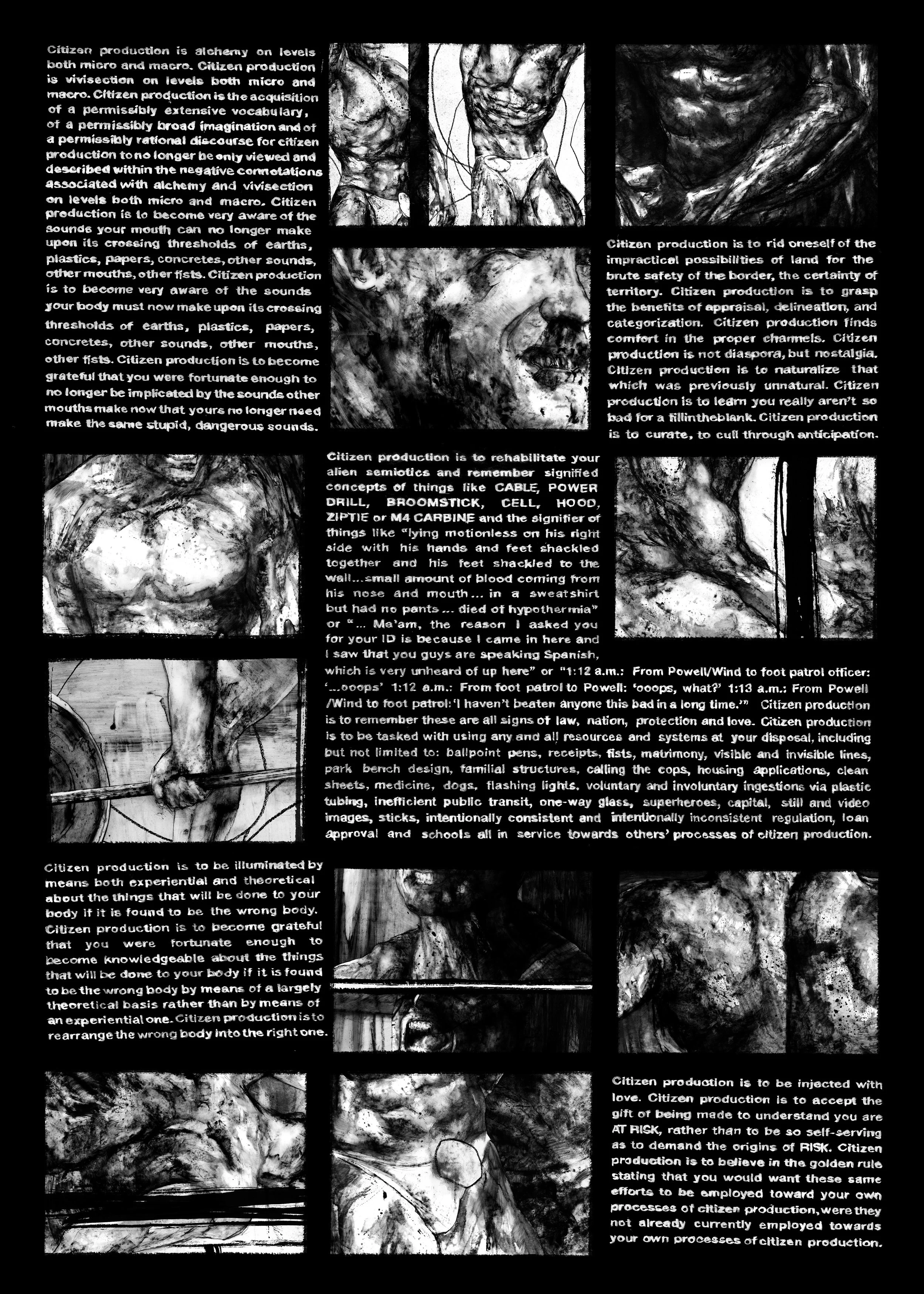 Alt Text: Full image of black background and columns of white handwritten text, interrupted by occasional frames of black and white, splattered drawings of bodybuilding scenes done in a combination of ink and conte. Image detail descriptions in follo