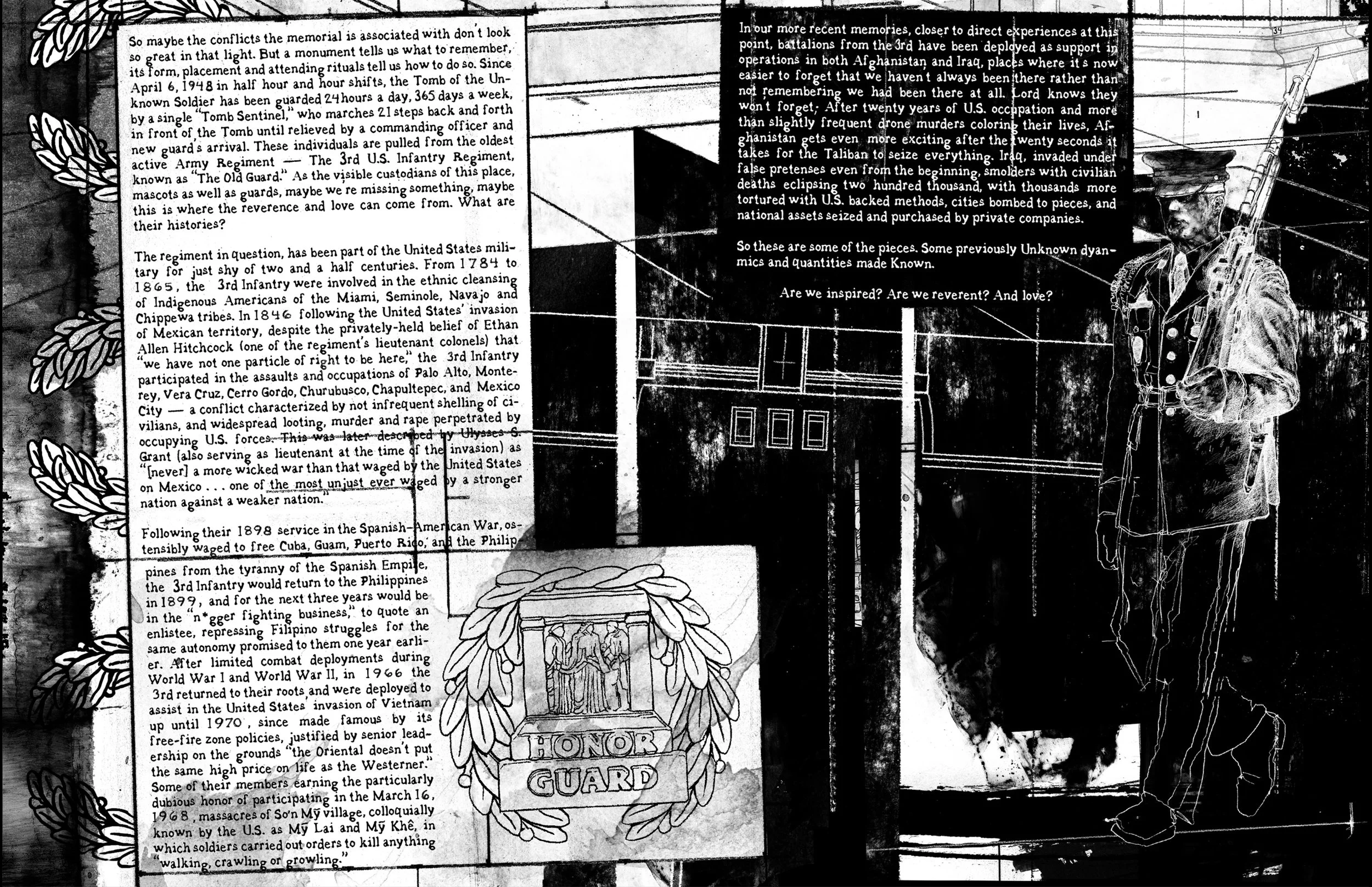 Alt Text: Left page shows ink drawings of laurel wreaths continuing downwards behind large panel of text. Another simple ink drawing of Tomb Guard insignia punctuates end of text. On right, in front of tomb schematics and three, black obelisks or sha