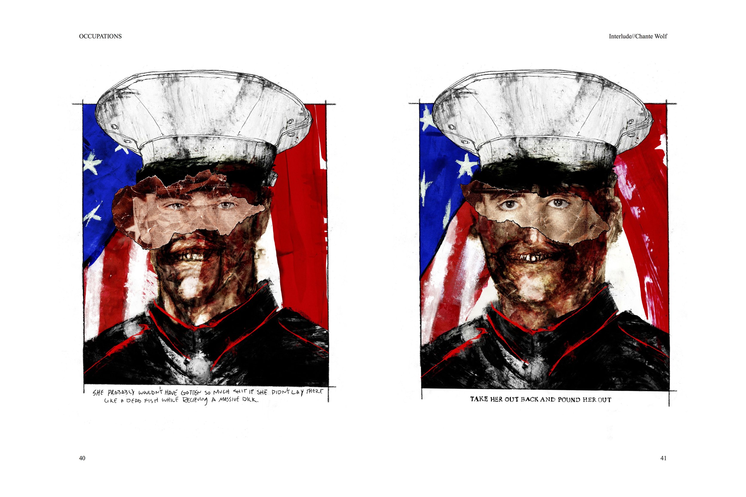 Alt Text: As with prior spread, left and right page each depict full page, painted portraits of marines in uniform, U.S. flag behind him. Eyes from photos have been collaged over their faces, which, underneath the collaged eyes appear to be distorted