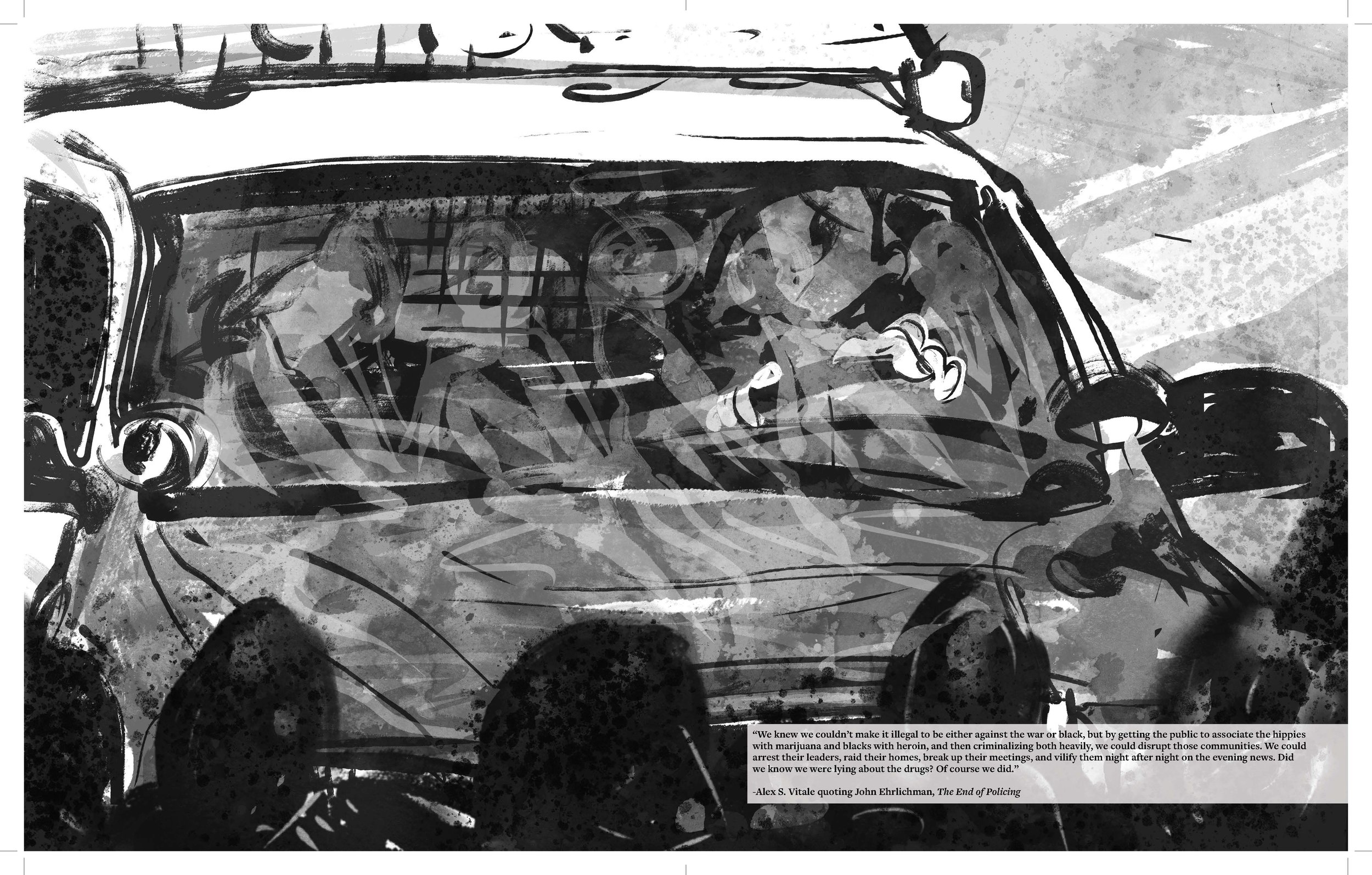 Alt Text: Full spread view. A police cruiser faces the viewer, its interior obscured except for a pair of white hands gripping the steering wheel. In the extreme foreground a crowd is just in view, looking at the cruiser.