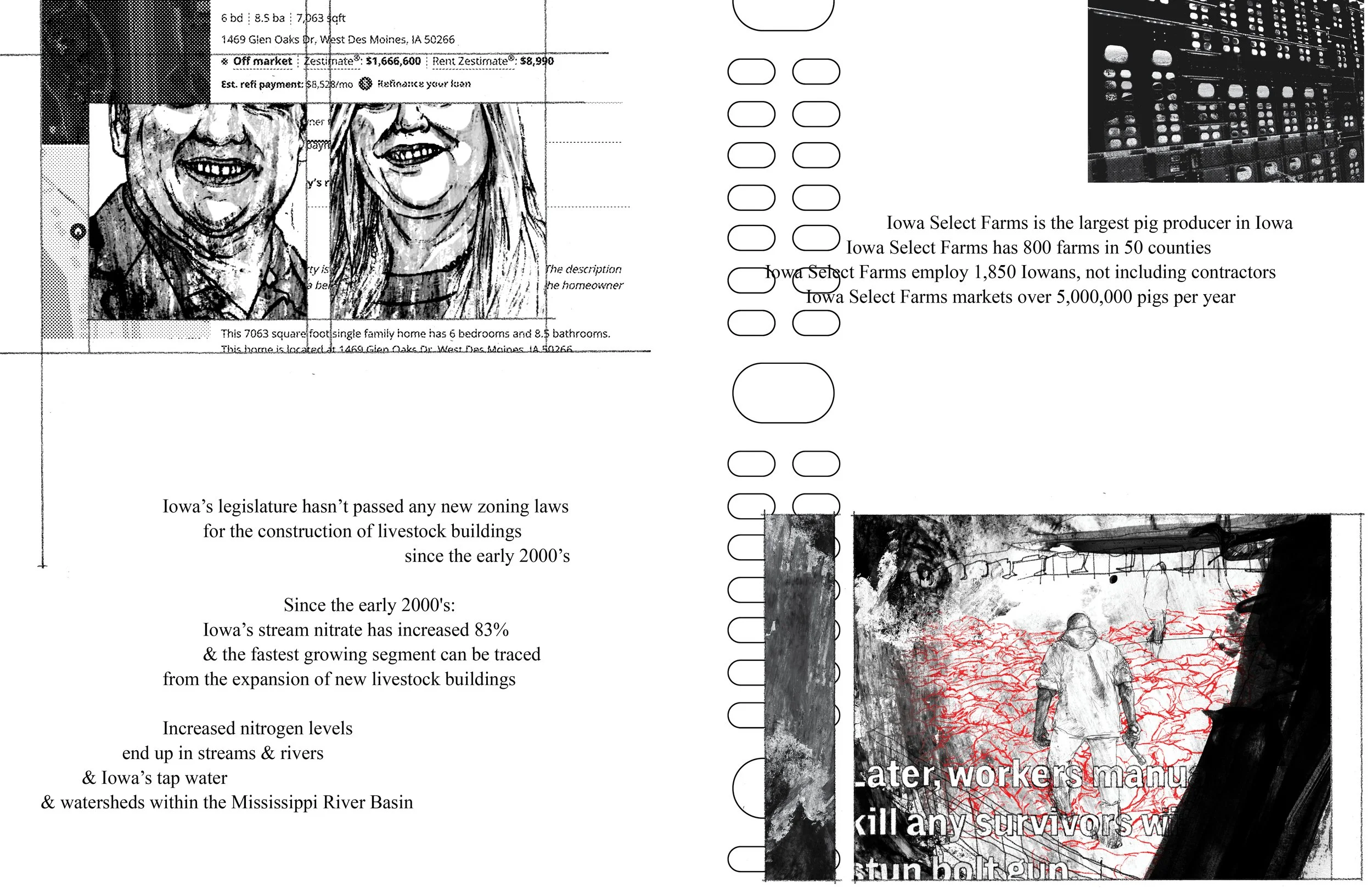 Alt Text: Left page, in upper half, is a pixelated screenshot of house listing valued at $1.6 million. Overlaid this are two frames, one a distorted drawing of smiling Jeff Hansen, the other Deb Hansen. Right page, in lower half is drawing of room wi