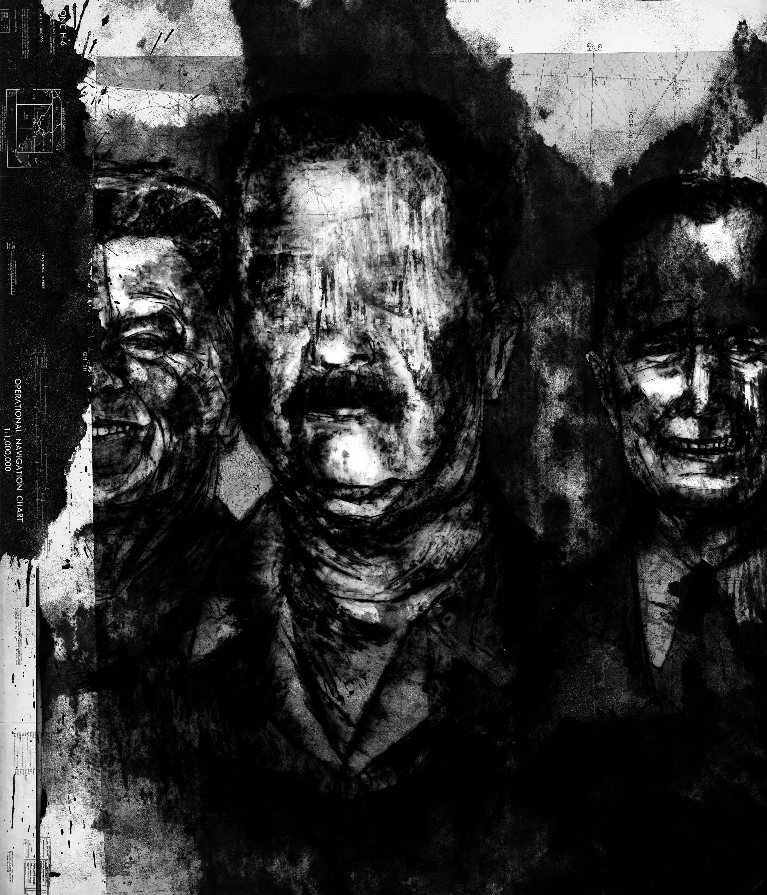 Alt Text: Black and white portraits done in graphite and painted/spilled ink over military map of Iraq. Three figures, one in front, Saddam Hussein, flanked by Ronald Reagan and George Bush Sr., are realistically painted, but with intensely scratched