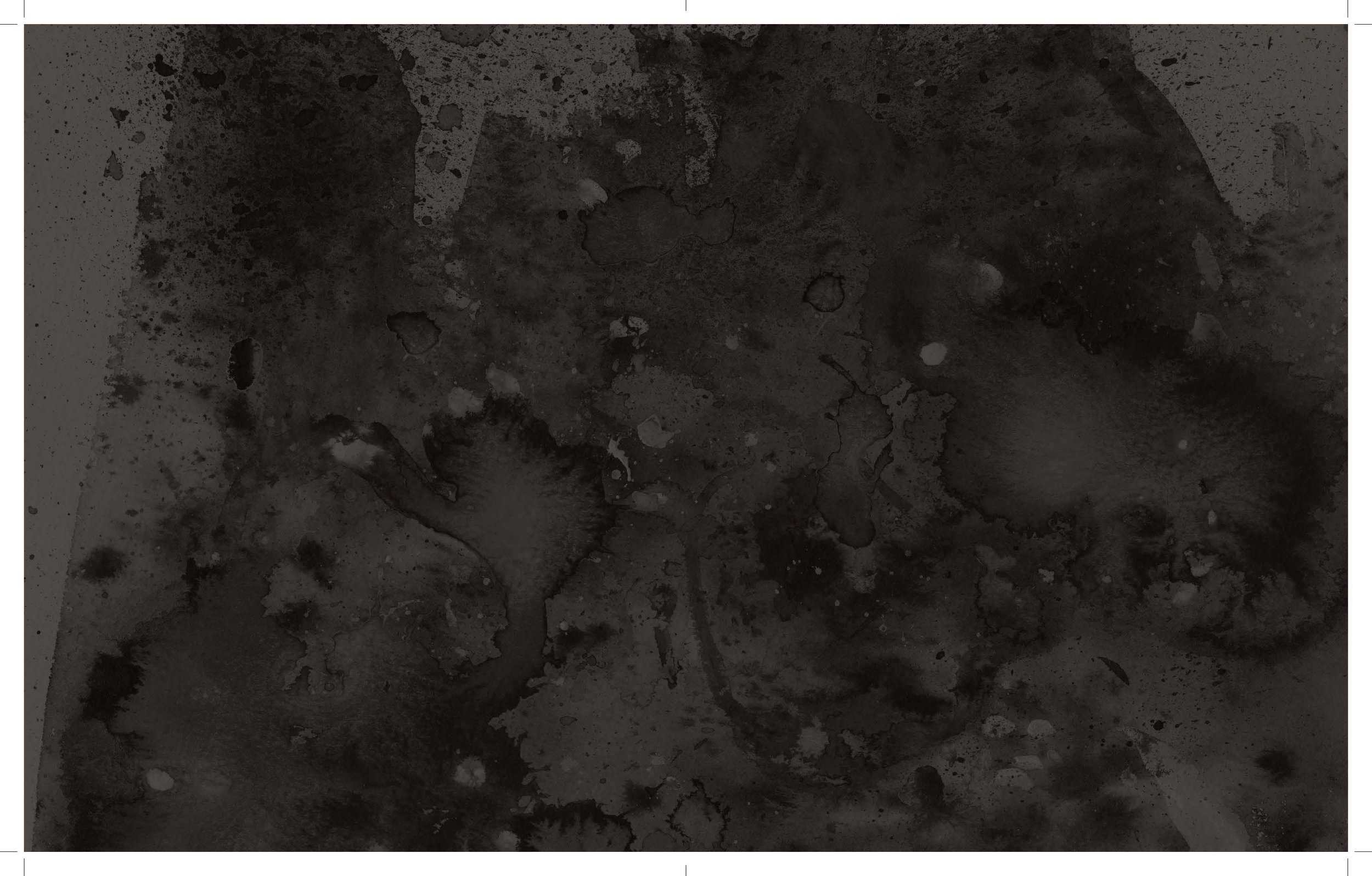 Alt Text: Full spread is nearly black, with barely visible splattered paint, reminiscent of blood.