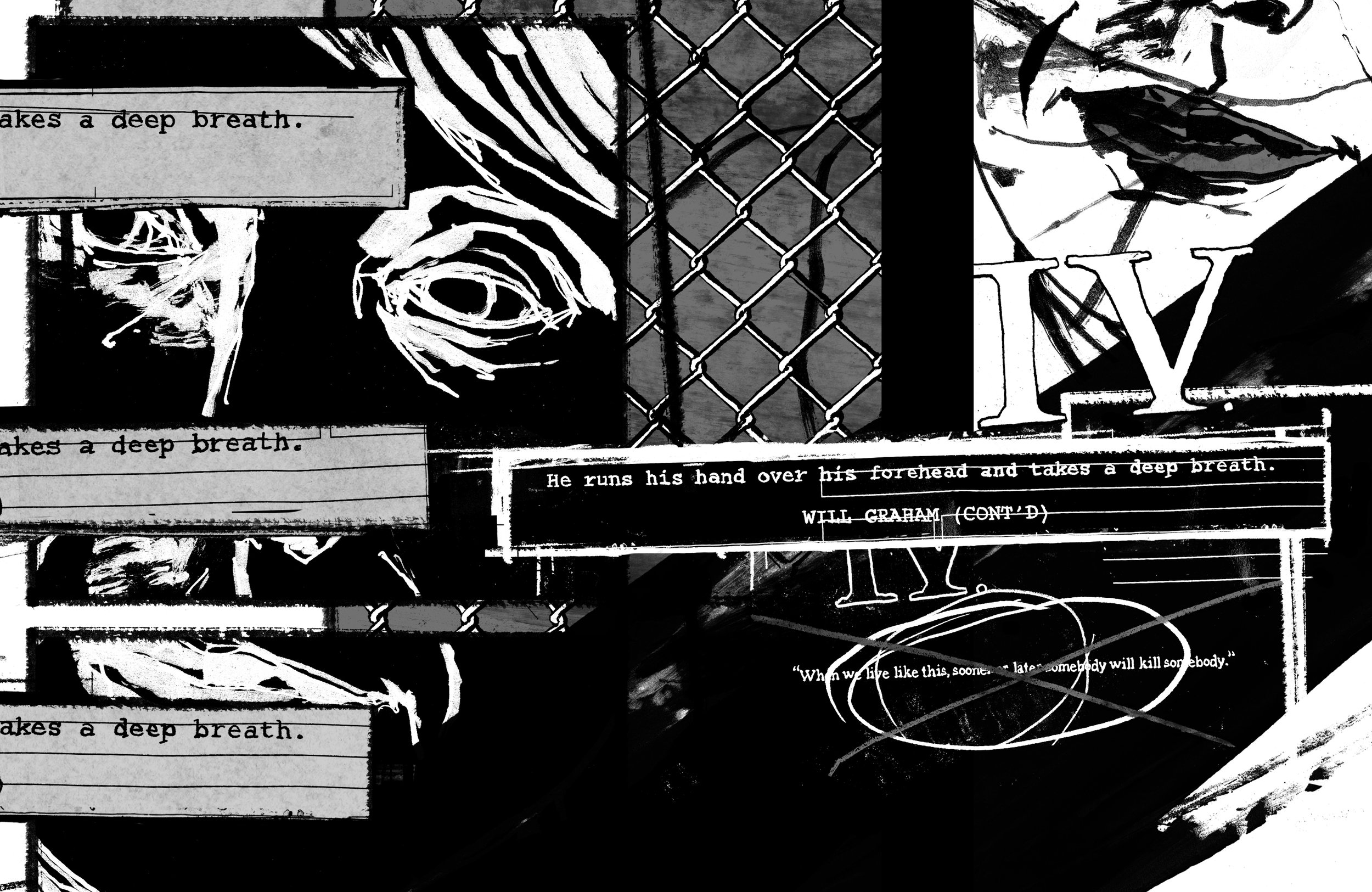 Alt Text: Final spread. Mads Mikkelsen's face, in rough, white ink on almost completely black background dominates image area. A portion of a black ink drawing, on white paper, depicting his smiling, dark lipped mouth is visible in upper right portio