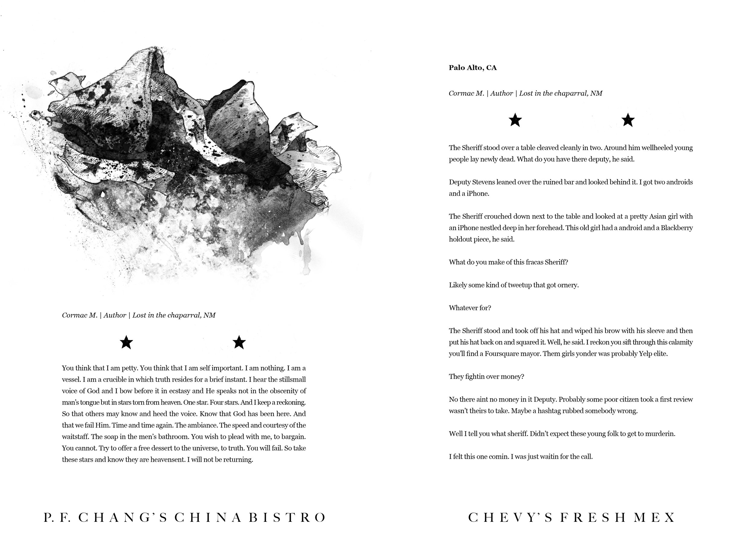 Alt Text: Ink and graphite, half page drawing of a closeup view of two, cracked-open fortune cookies. Crumpled slips of paper with images of stars are partially visible within and around the cookies.